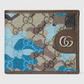 CURATED by Kira Gucci bifold wallet in blue camouflage marbled GG coated canvas with brown leather trim and Double G