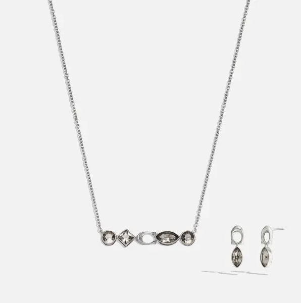 Coach New York Gemstone Necklace & Earring Set - Silver Tone - New in Box