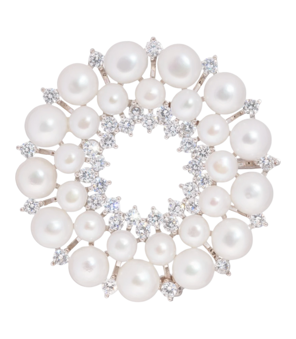 CURATED by Kira sterling silver brooch featuring a circular arrangement of cultured freshwater pearls and cubic zirconia