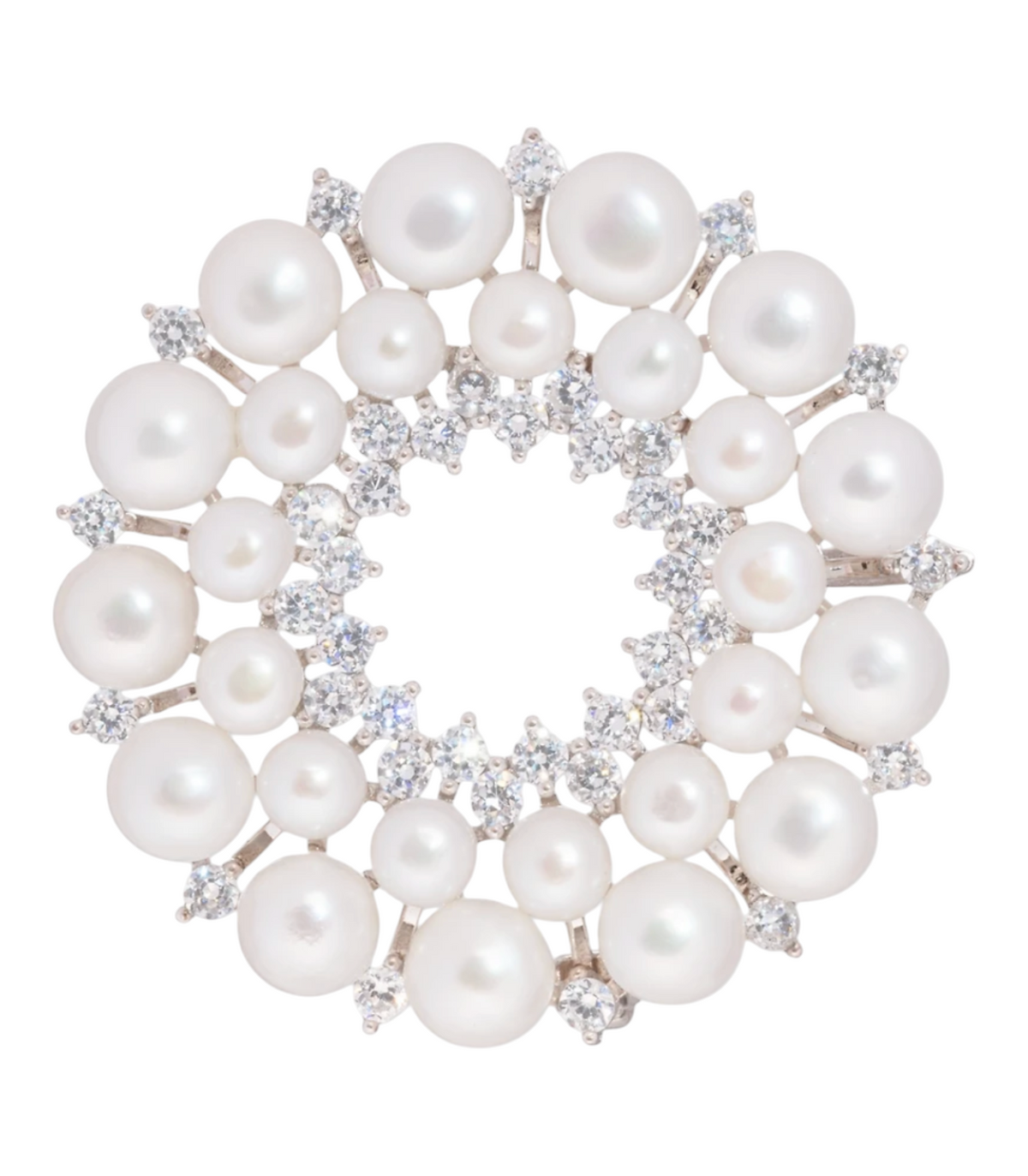 CURATED by Kira sterling silver brooch featuring a circular arrangement of cultured freshwater pearls and cubic zirconia