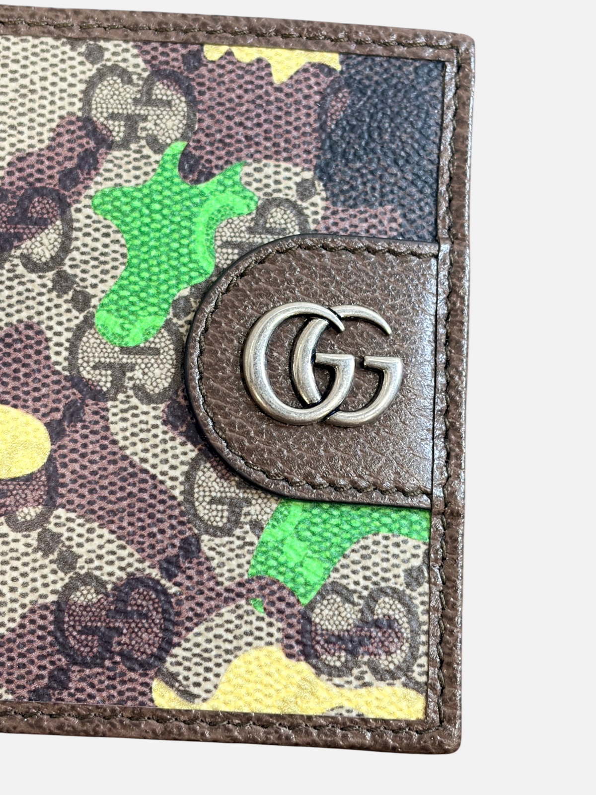 CURATED by Kira Gucci bifold wallet in green and yellow camouflage GG coated canvas with brown leather trim and Double G