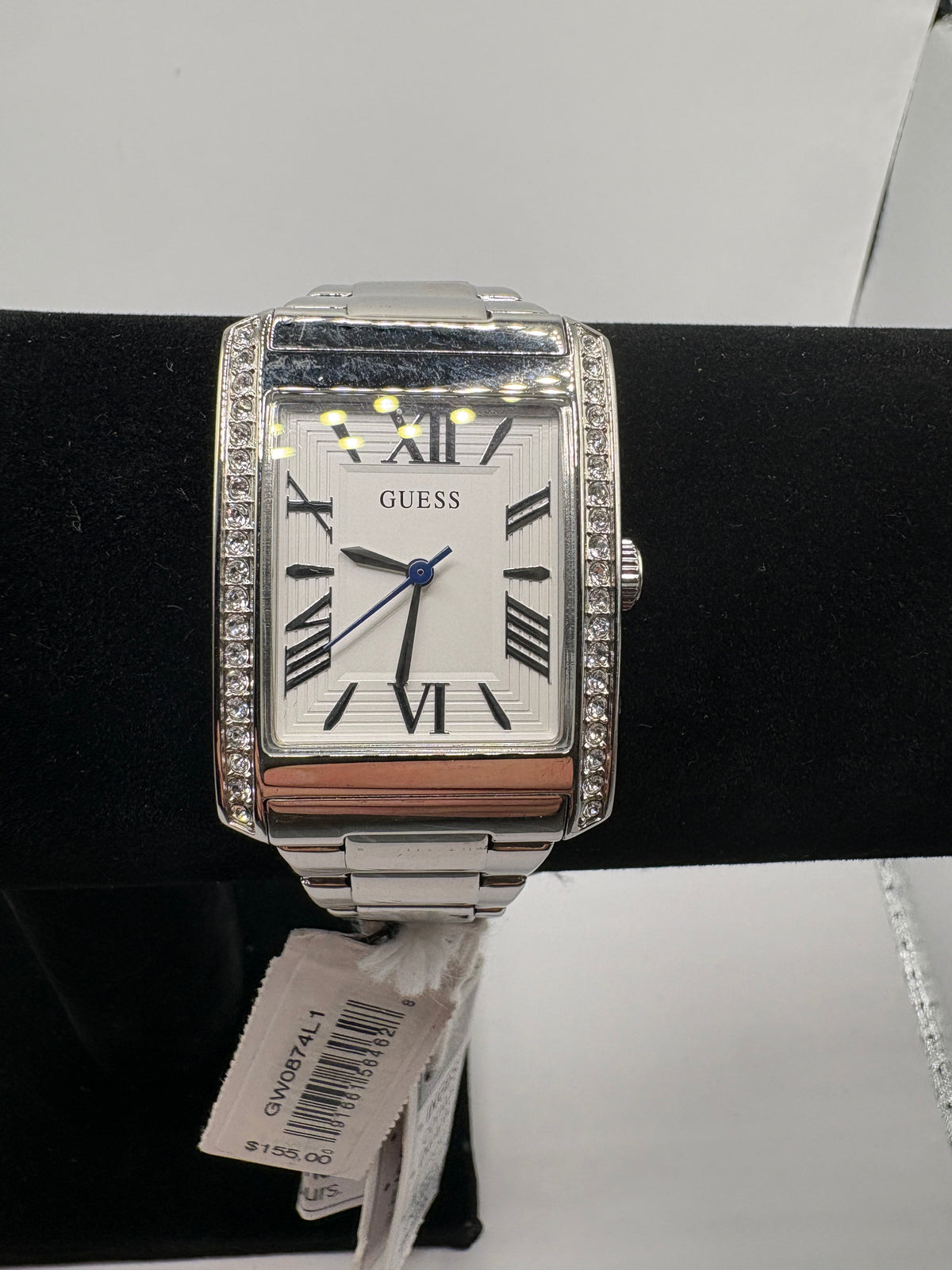 Guess GW0874L1 Silver Crystal Bezel Rectangle Watch NWT