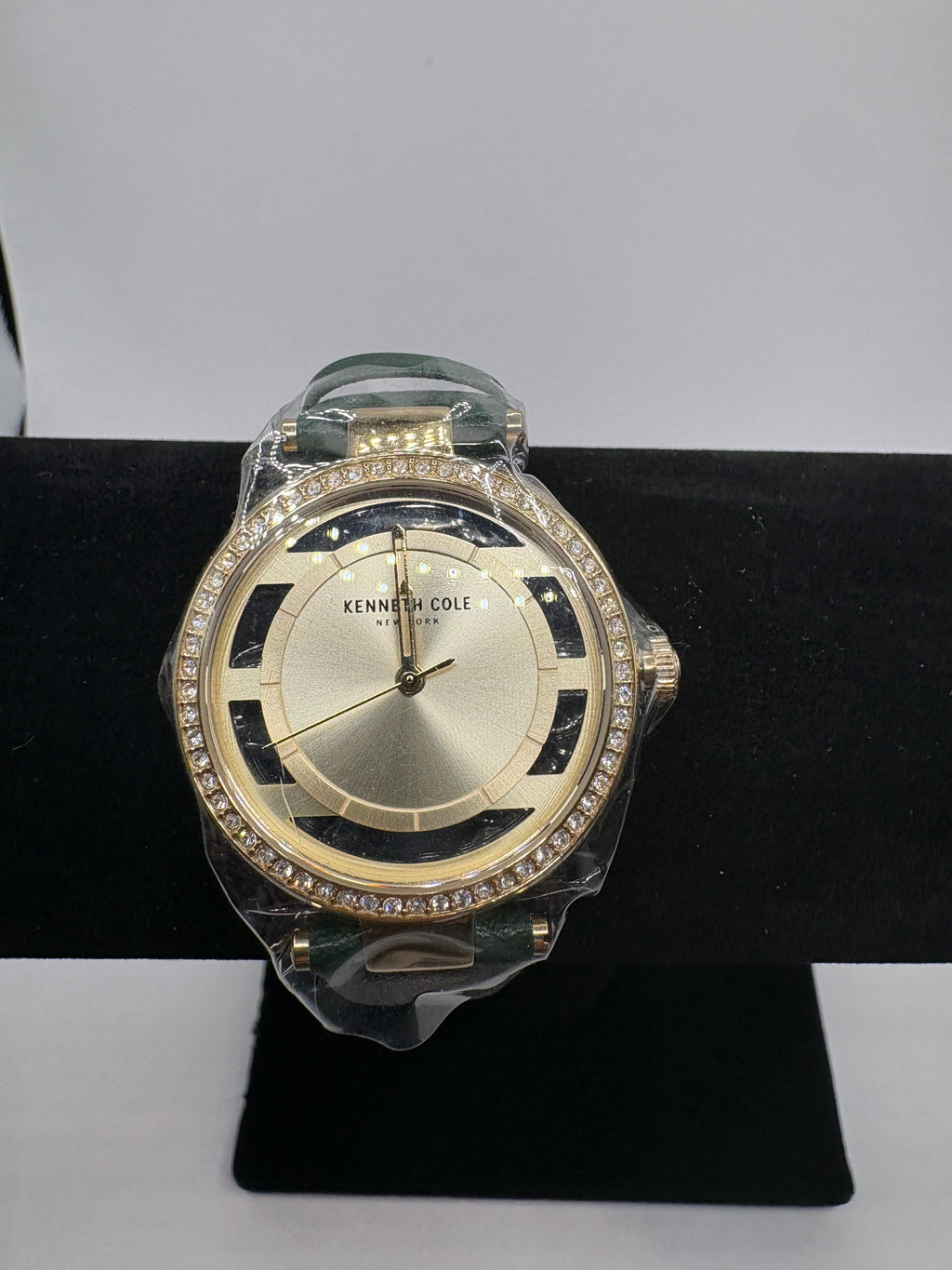 Kenneth Cole New York Open Dial Quartz Watch Gold Tone Green Strap Crystal Bezel