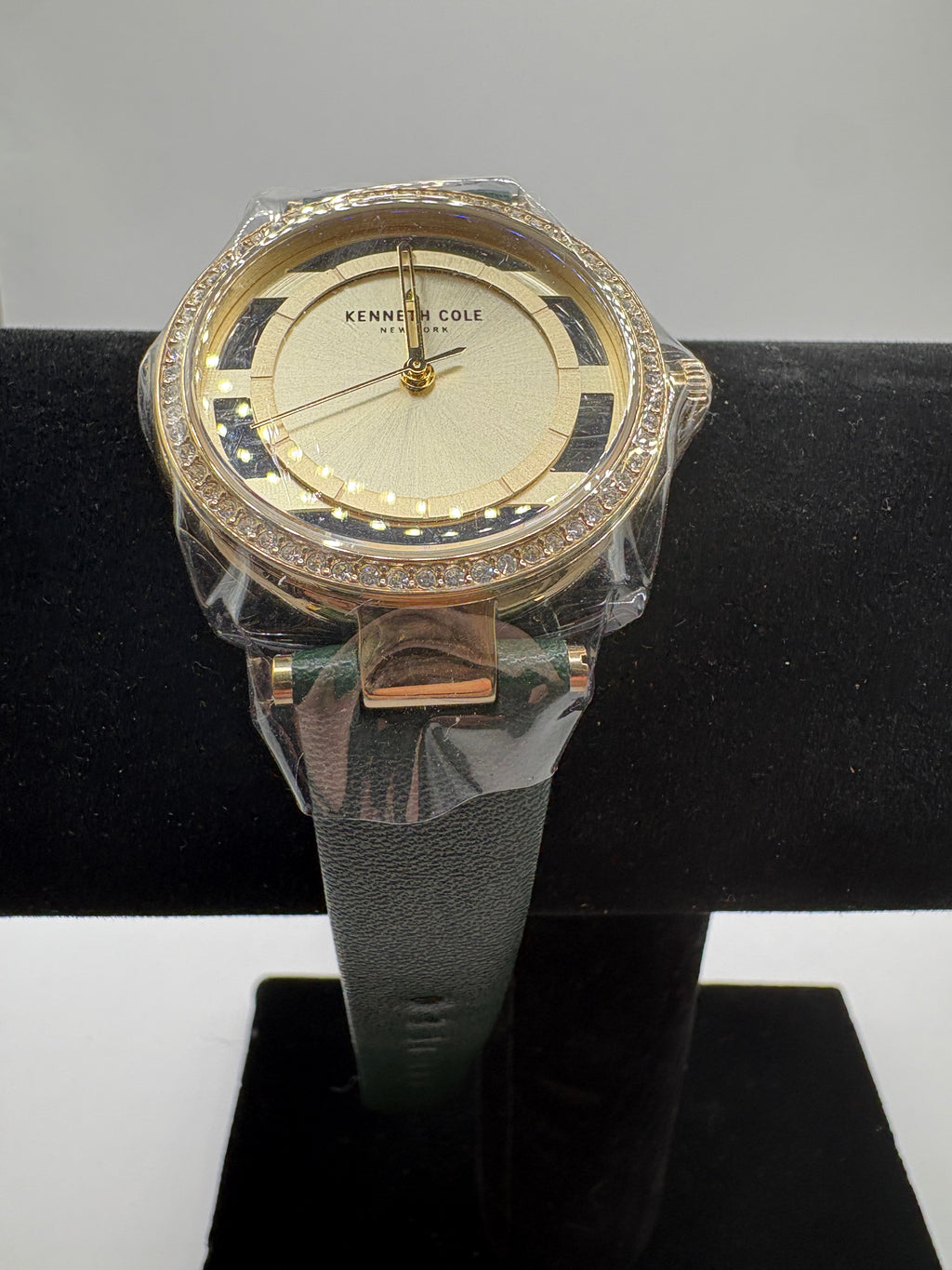 Kenneth Cole New York Open Dial Quartz Watch Gold Tone Green Strap Crystal Bezel