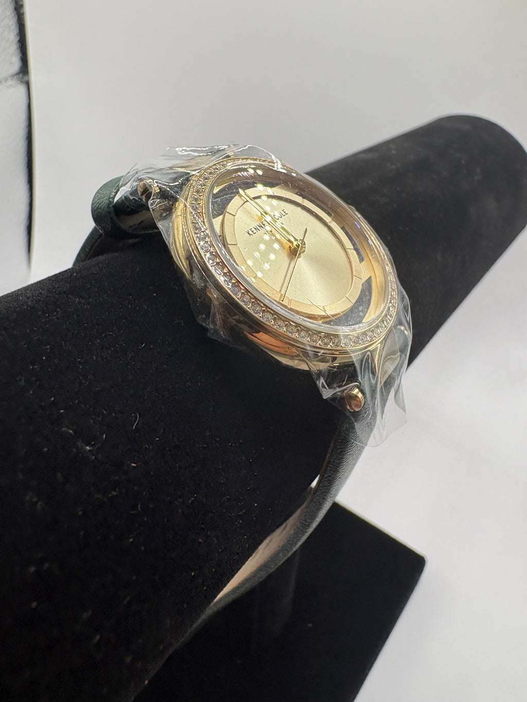 Kenneth Cole New York Open Dial Quartz Watch Gold Tone Green Strap Crystal Bezel
