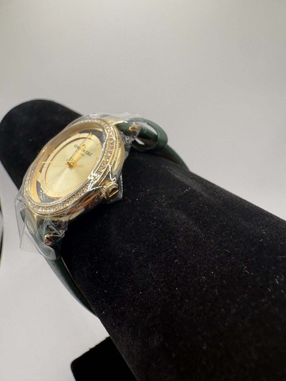 Kenneth Cole New York Open Dial Quartz Watch Gold Tone Green Strap Crystal Bezel