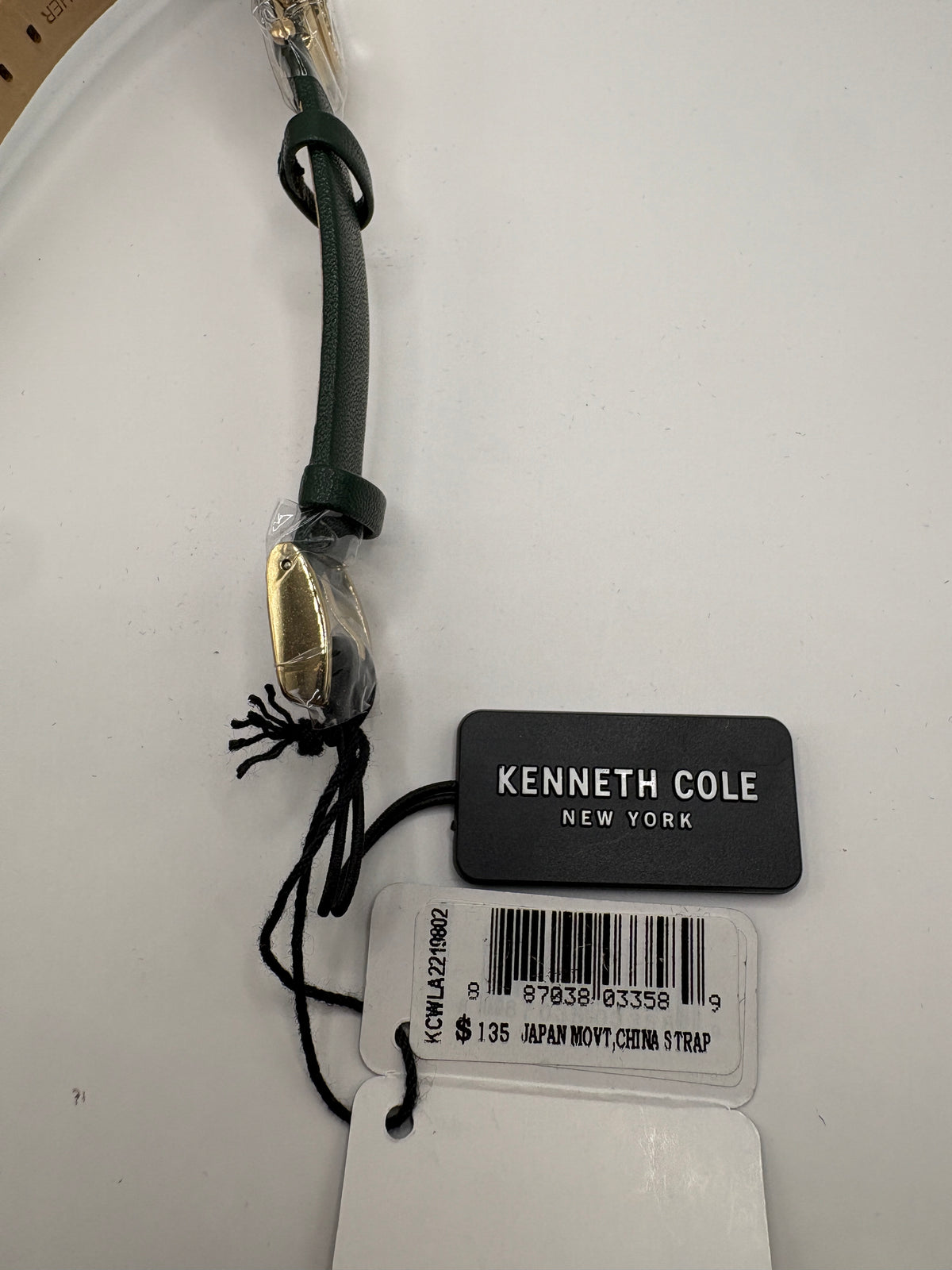 Kenneth Cole New York Open Dial Quartz Watch Gold Tone Green Strap Crystal Bezel