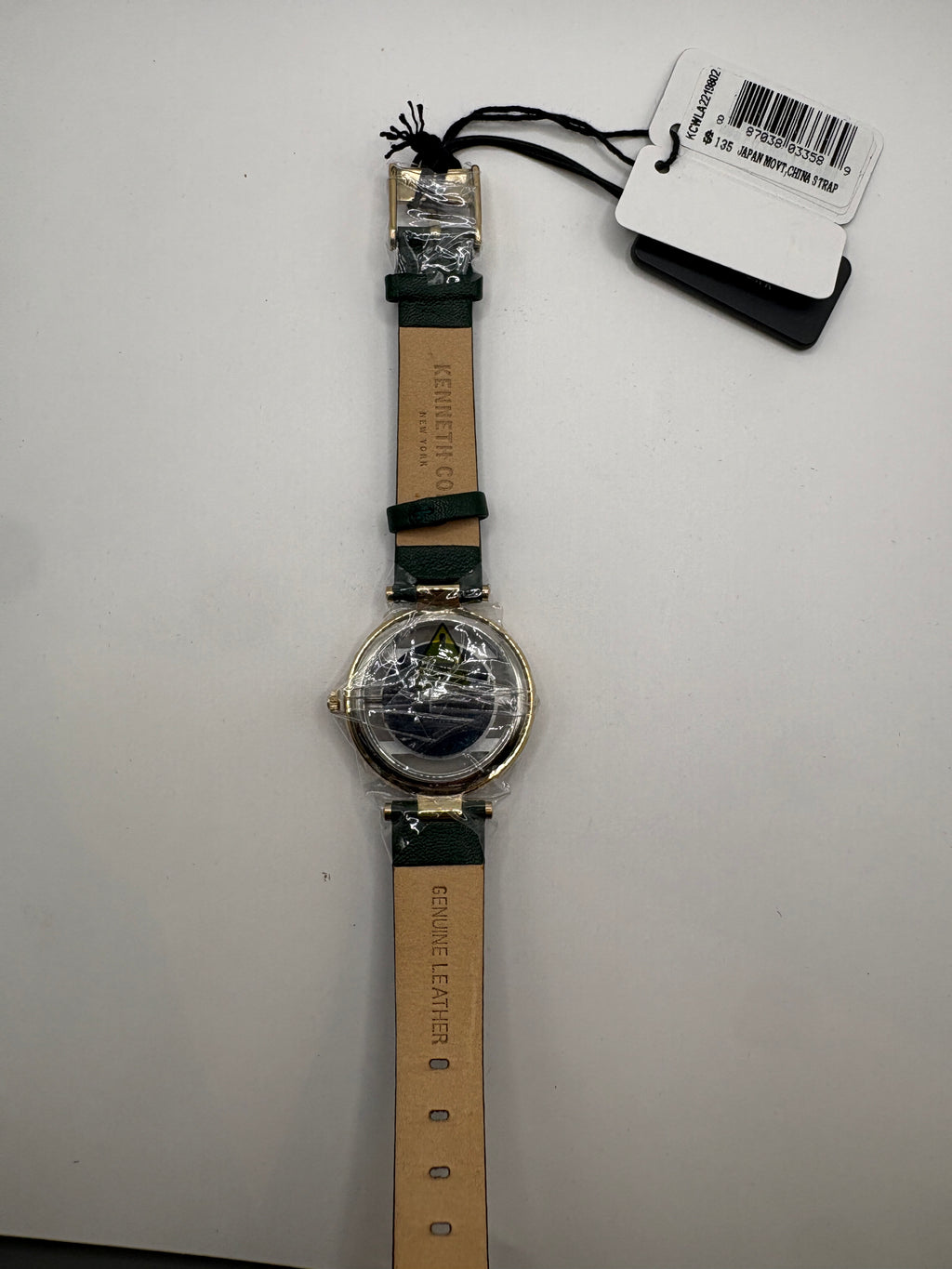 Kenneth Cole New York Open Dial Quartz Watch Gold Tone Green Strap Crystal Bezel