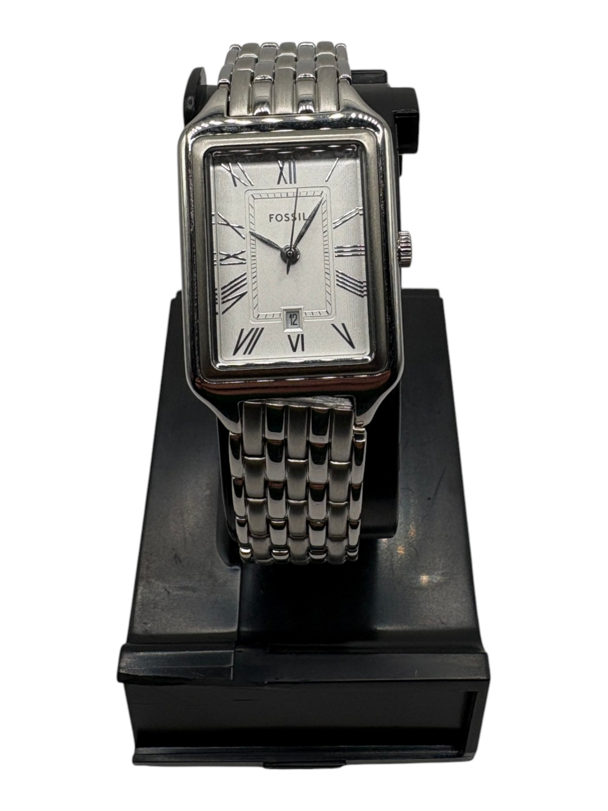 Fossil Rectangle Dress Watch Womens Silver Roman Numeral Date Window