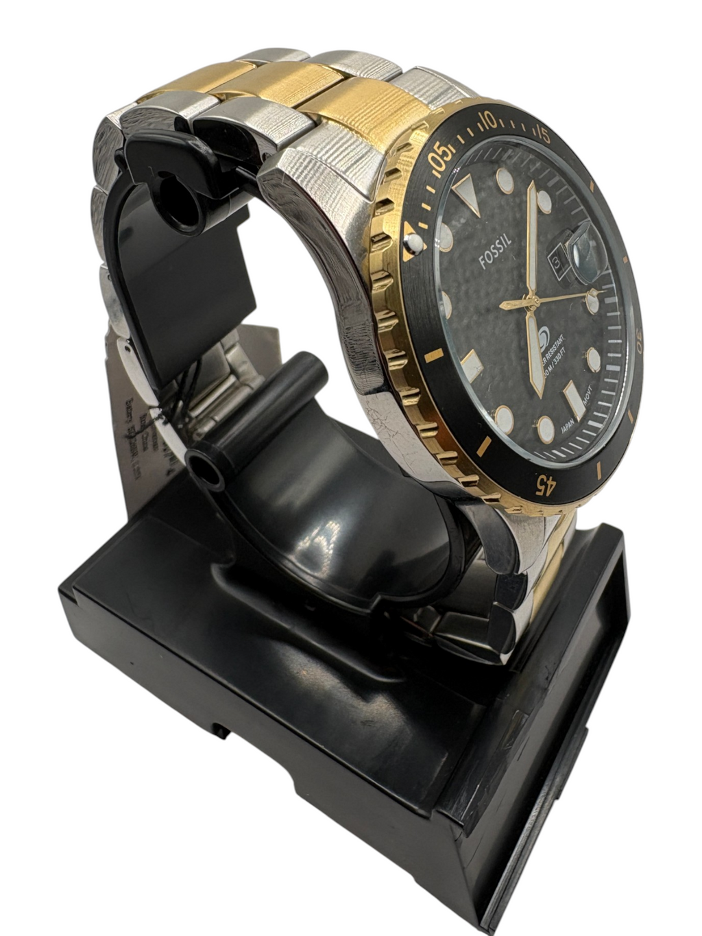Fossil FB-01 Dive Watch Mens Black Gold Two-Tone Rotating Bezel 100M