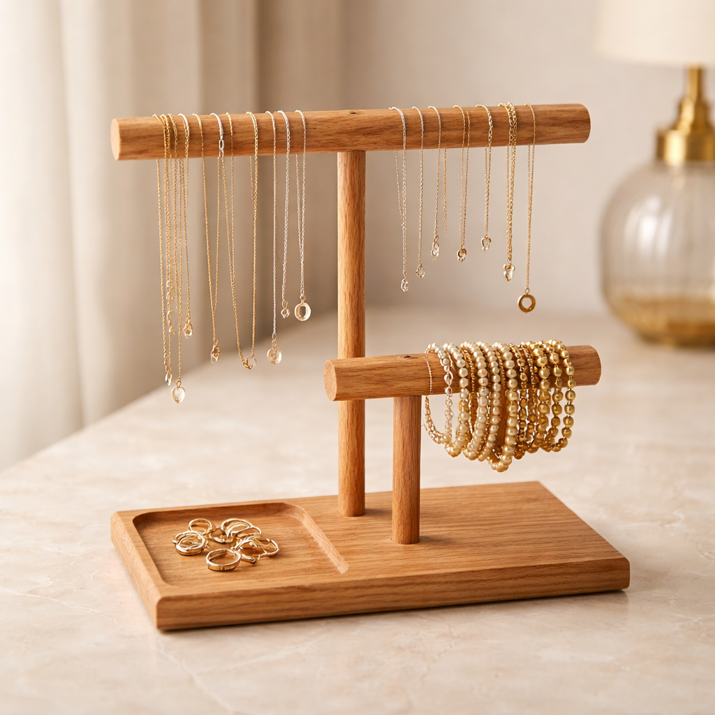 Handcrafted walnut jewelry stand, tiered bars with catchall tray, minimalist organizer