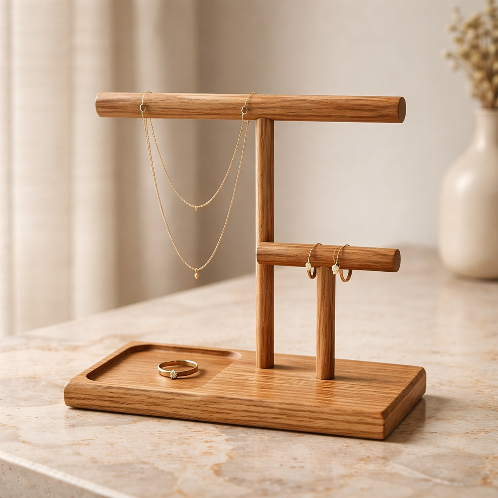 Handcrafted walnut jewelry stand, tiered bars with catchall tray, minimalist organizer