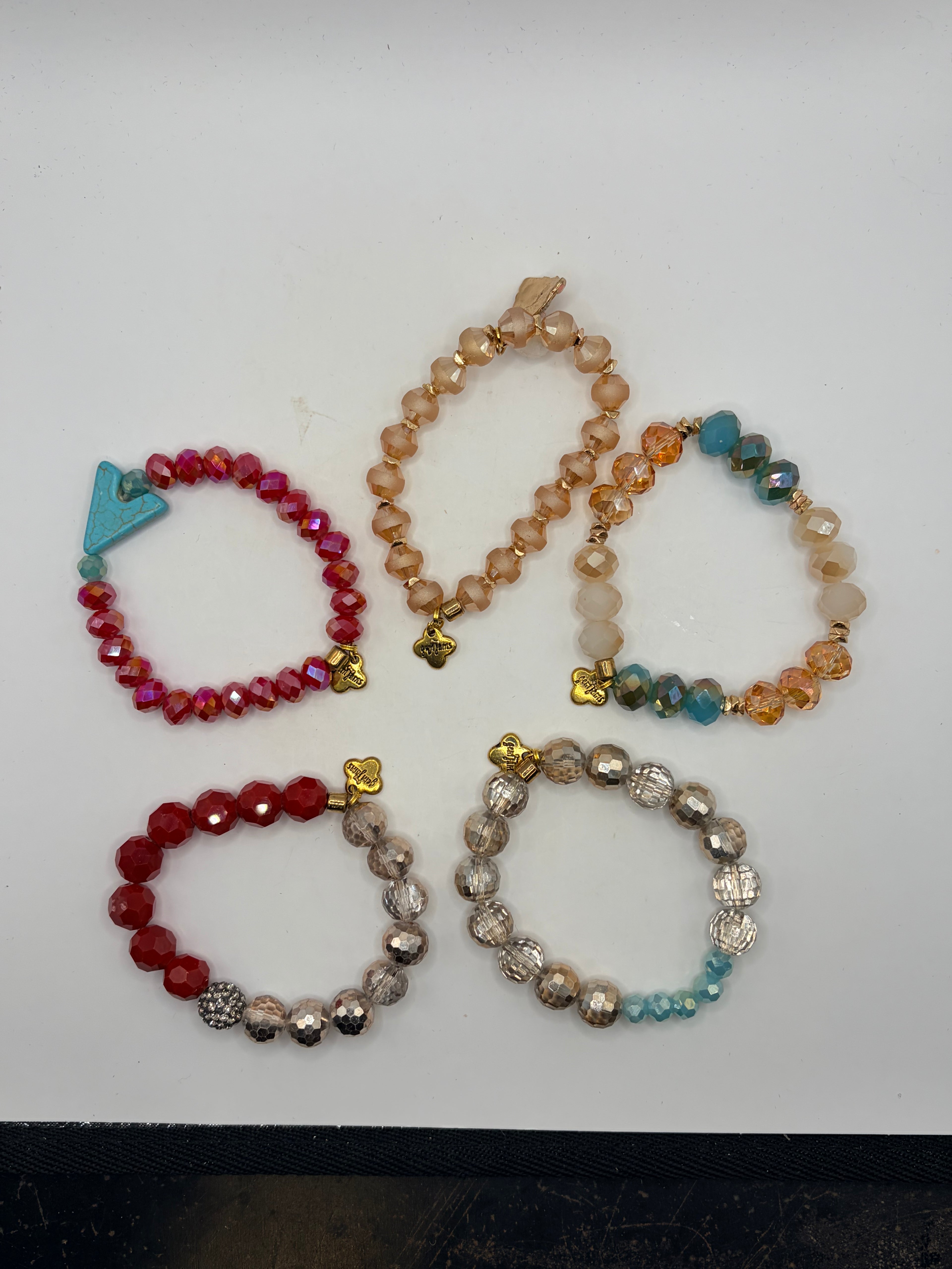 Unknown Beaded Stretch Bracelet Lot Of 5 Crystal Charm Set Multicolor
