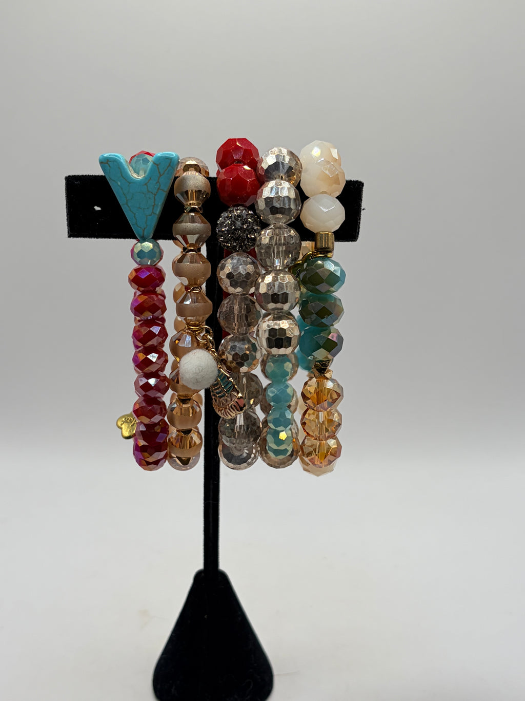 Unknown Beaded Stretch Bracelet Lot Of 5 Crystal Charm Set Multicolor