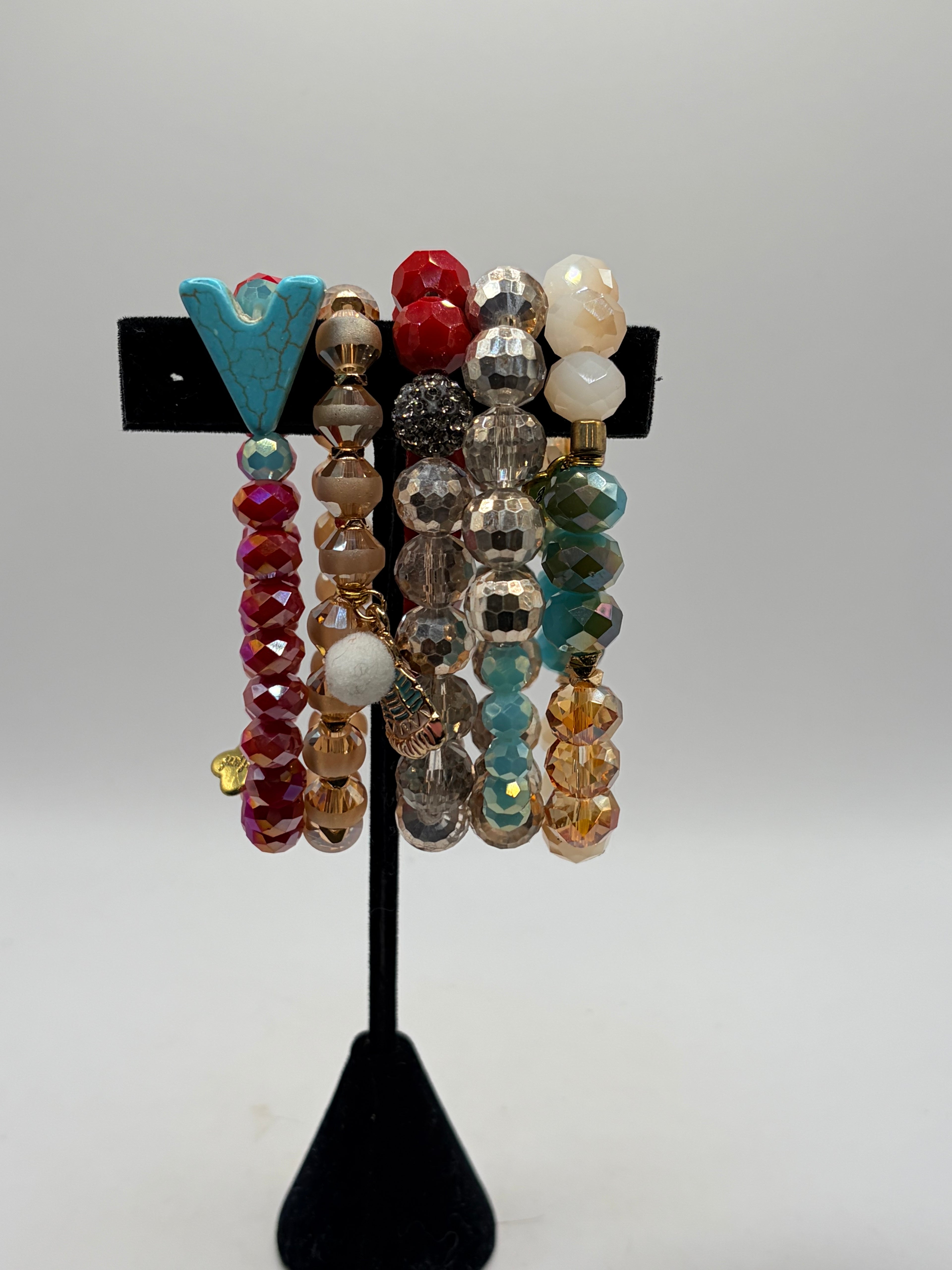 Unknown Beaded Stretch Bracelet Lot Of 5 Crystal Charm Set Multicolor