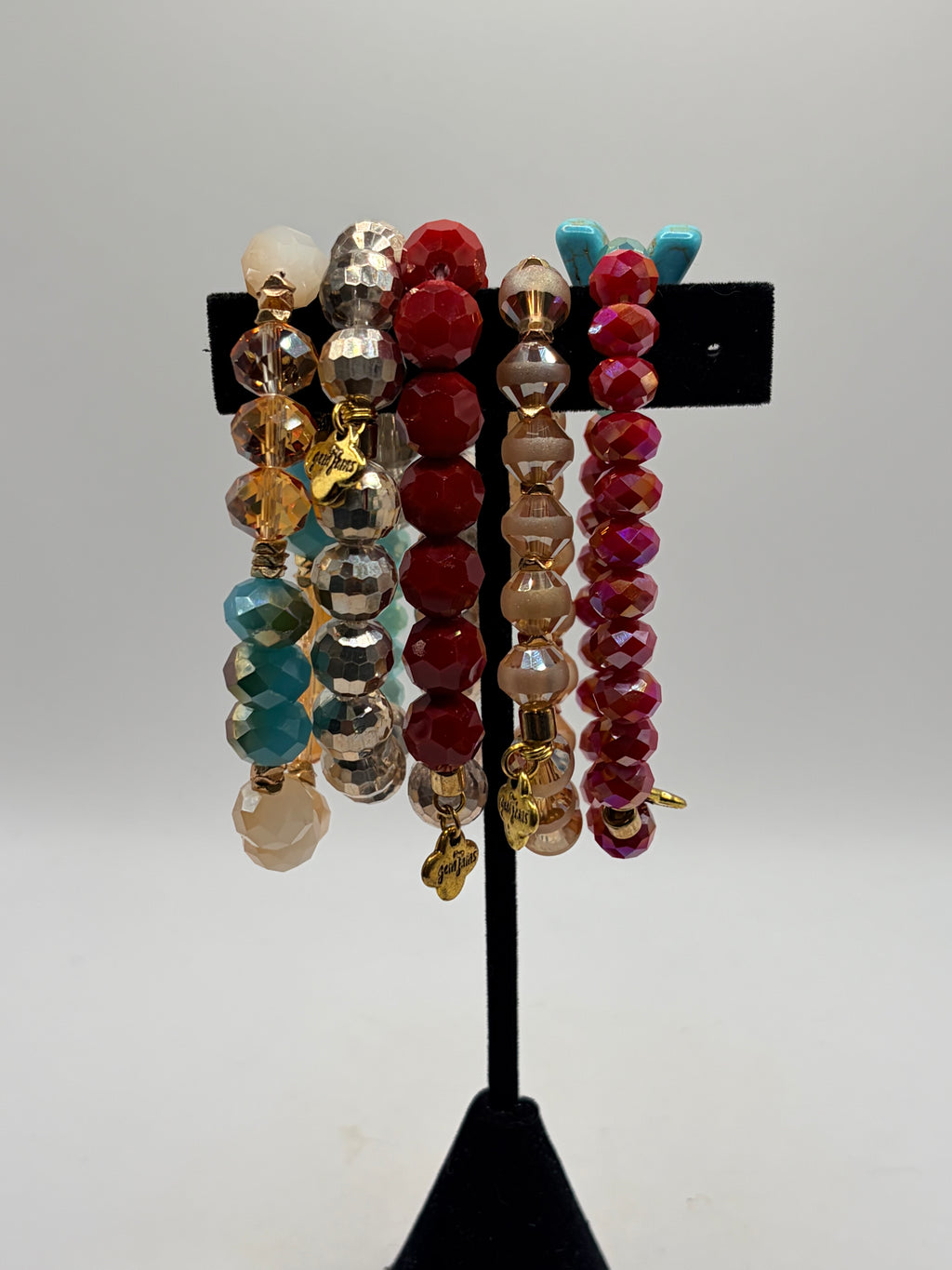Unknown Beaded Stretch Bracelet Lot Of 5 Crystal Charm Set Multicolor