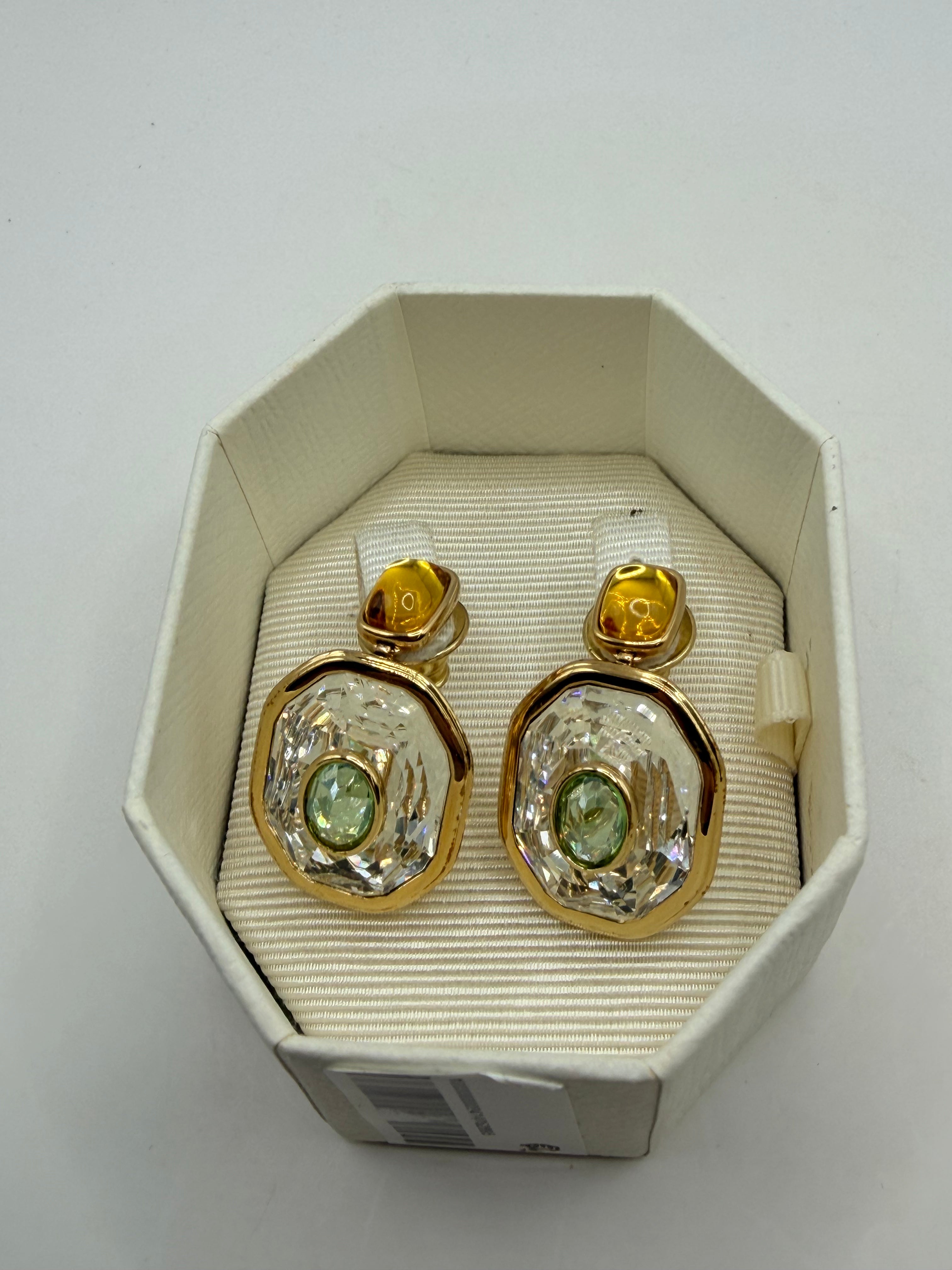Swarovski Chroma Gold-Tone Plated Octagon Cut Drop Earrings Box Women's