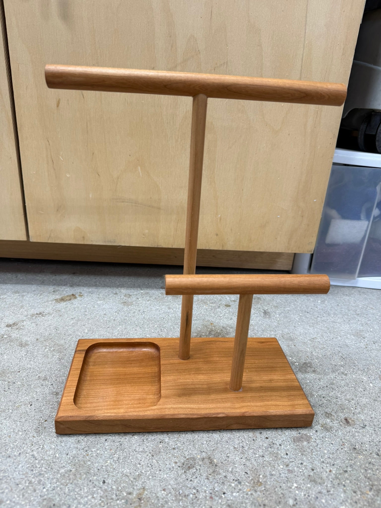 Handcrafted walnut jewelry stand, tiered bars with catchall tray, minimalist organizer