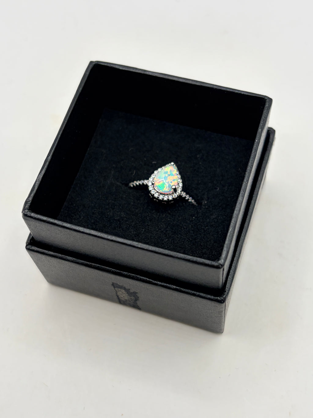 Opal Cubic Zirconia Halo Ring Silver Tone Teardrop Women