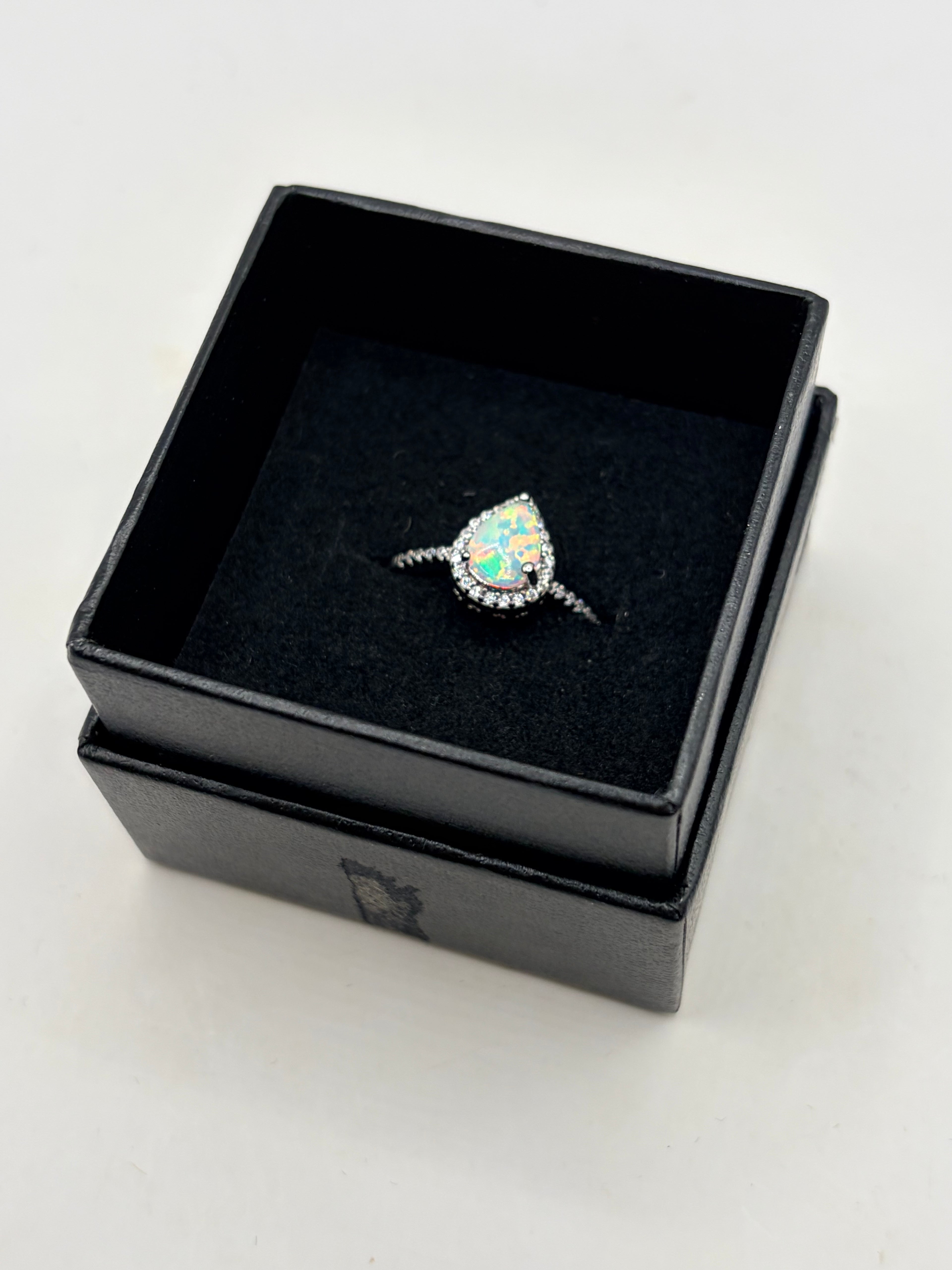 Opal Cubic Zirconia Halo Ring Silver Tone Teardrop Women
