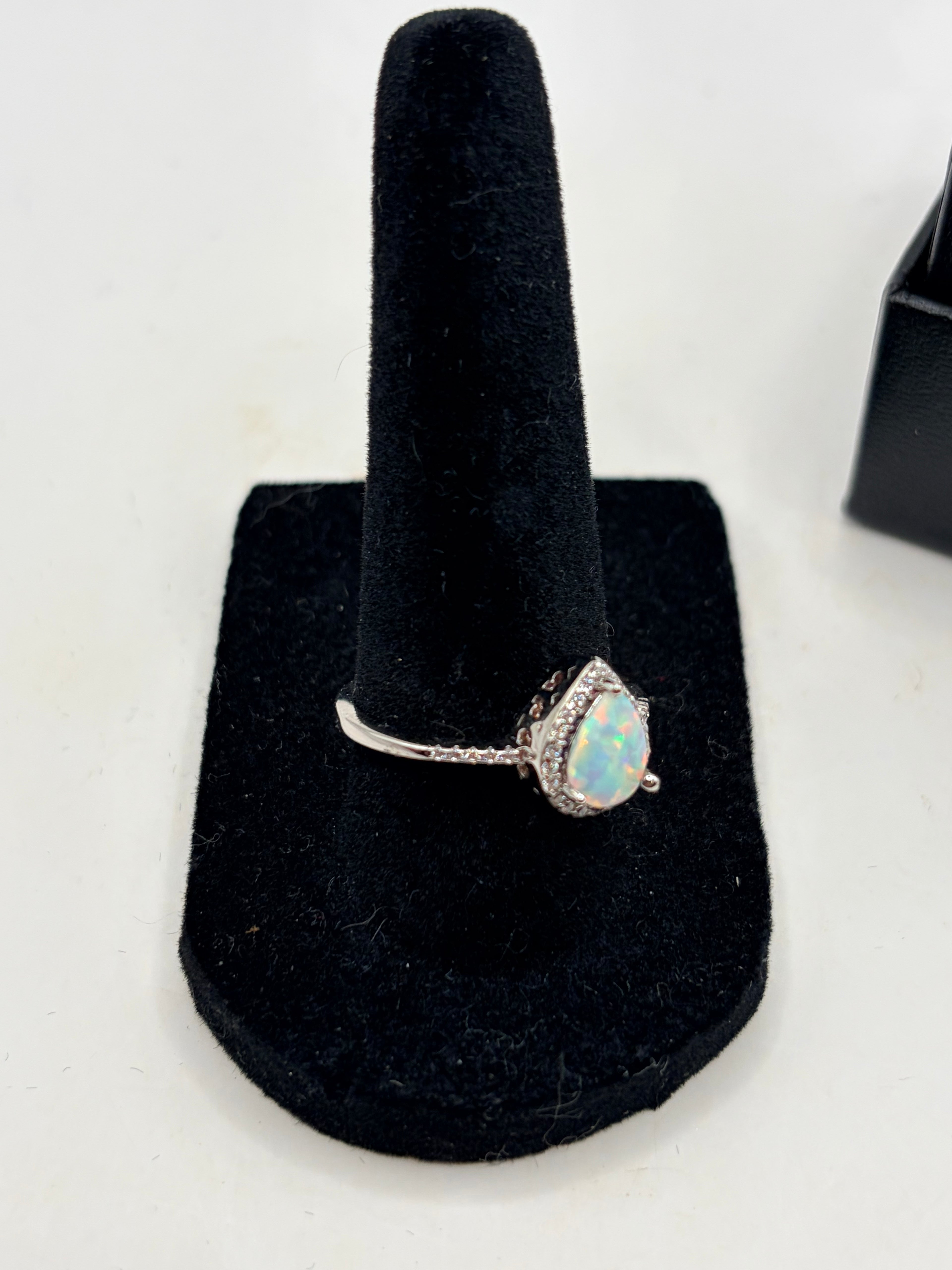 Opal Cubic Zirconia Halo Ring Silver Tone Teardrop Women