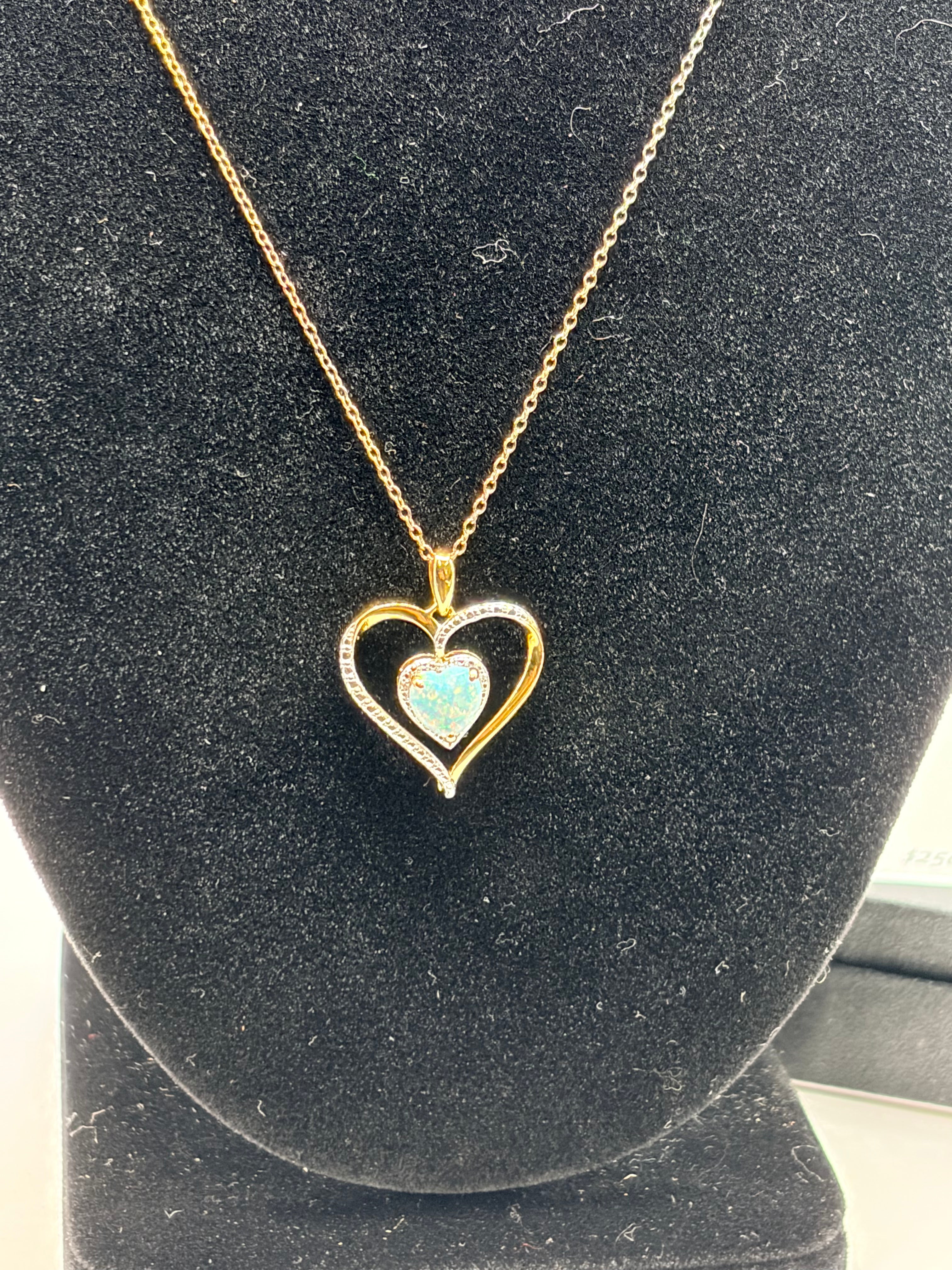 Macy's Opal & Diamond Heart 18" Pendant Necklace 14k Gold over Sterling Silver