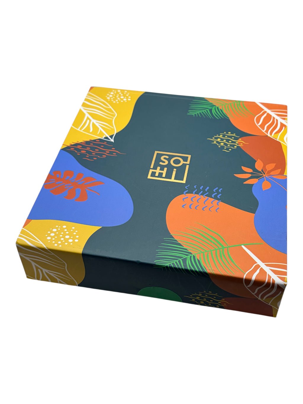 CURATED by Kira SOHI gold plated stone hoop earrings presented in a colorful patterned gift box