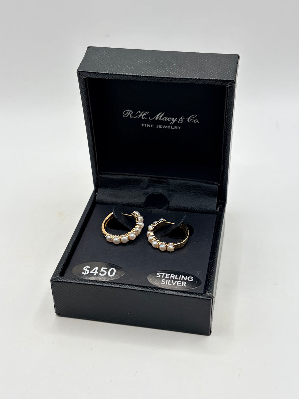 R.H. Macy's Pearl 1/2" Hoop Earrings in 14k Gold Over Sterling Silver - NIB