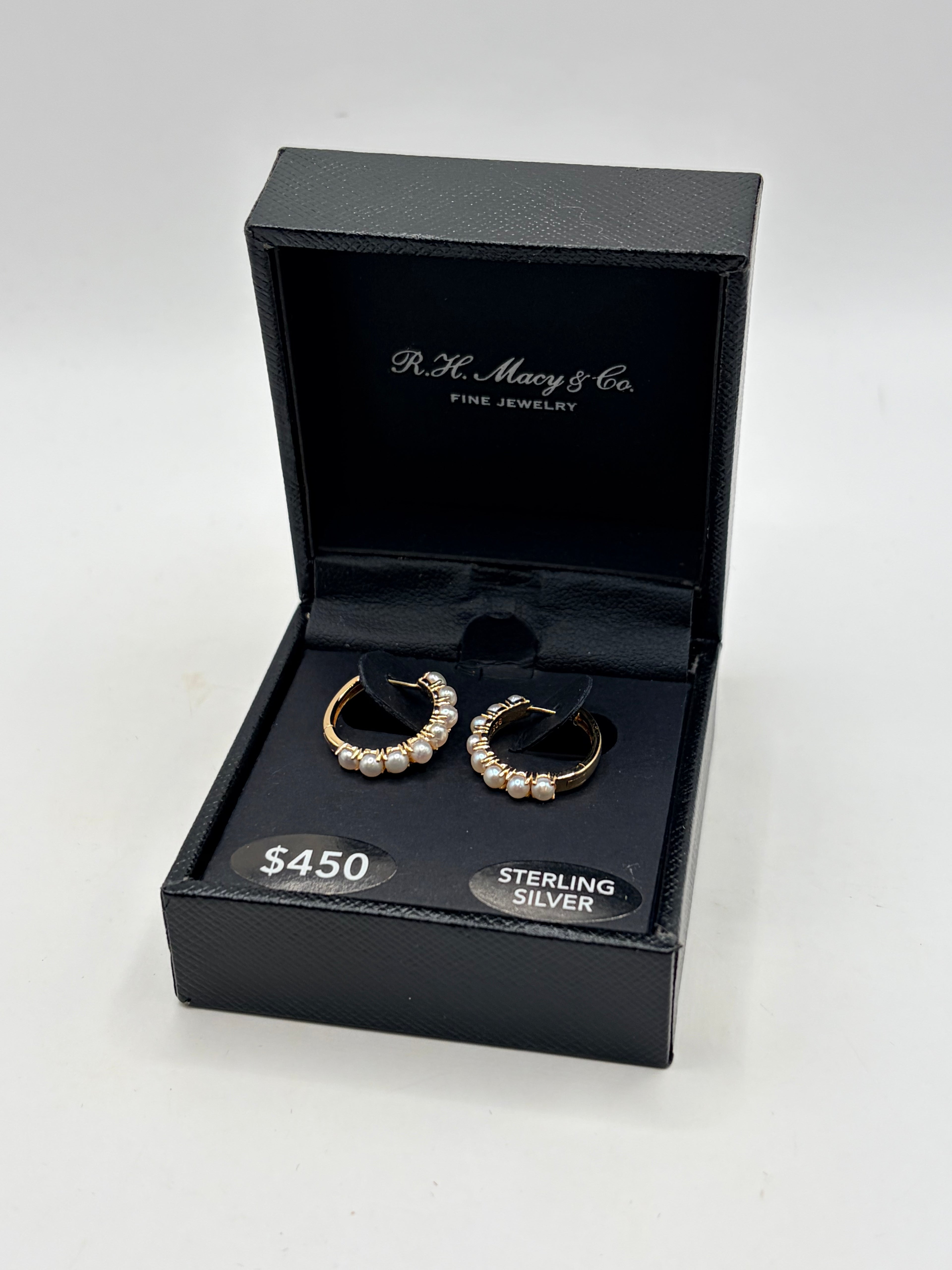 R.H. Macy's Pearl 1/2" Hoop Earrings in 14k Gold Over Sterling Silver - NIB