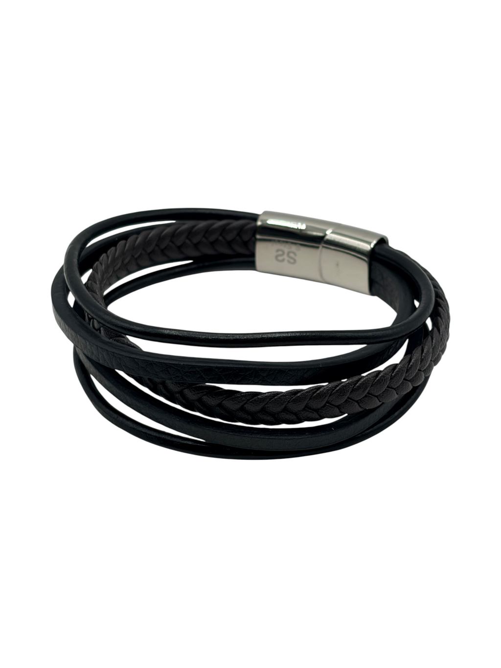 CURATED by Kira black braided leather wrap bracelet with a polished stainless steel magnetic clasp
