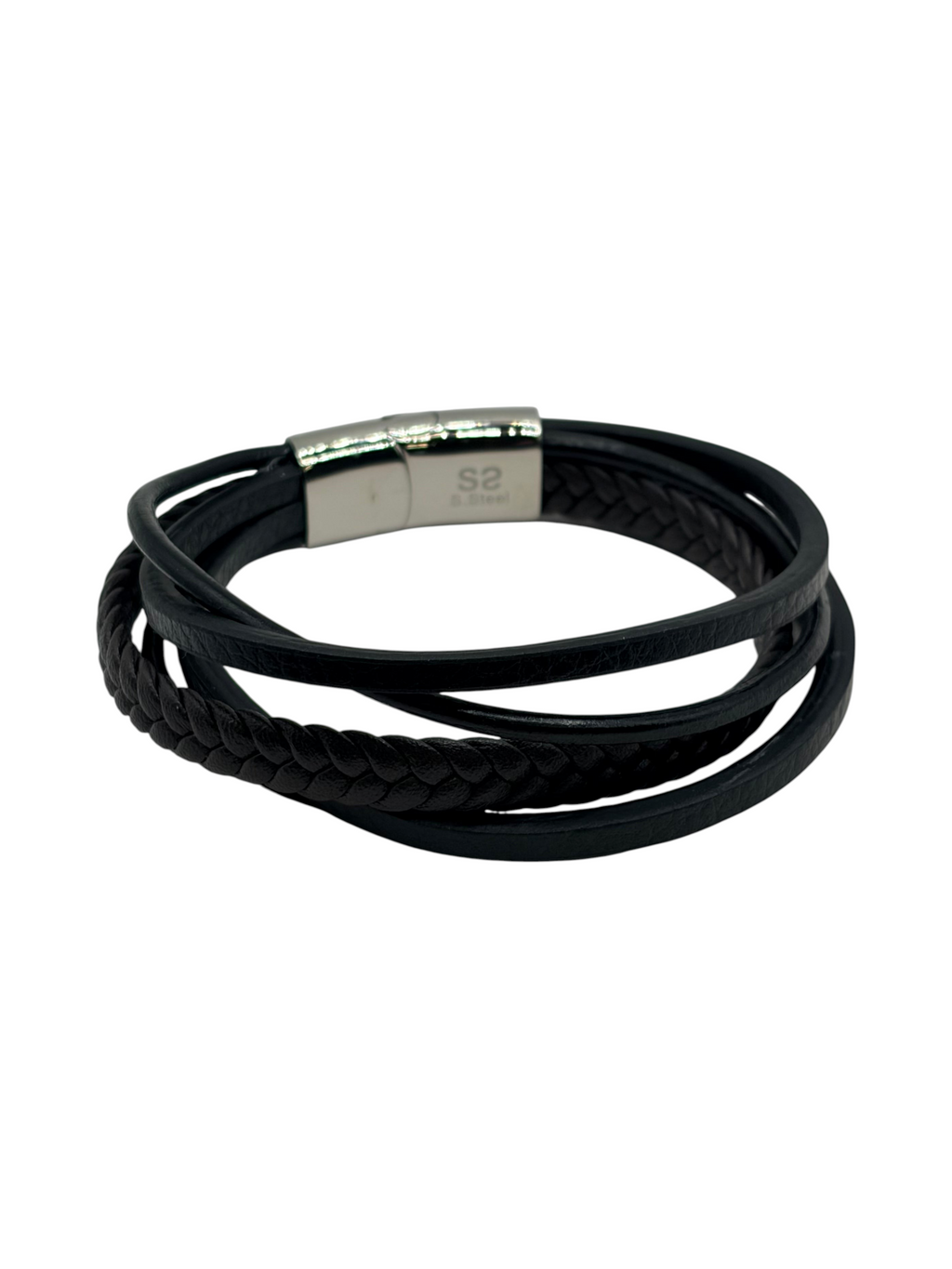 CURATED by Kira black braided leather wrap bracelet with a stainless steel magnetic clasp on a white background.