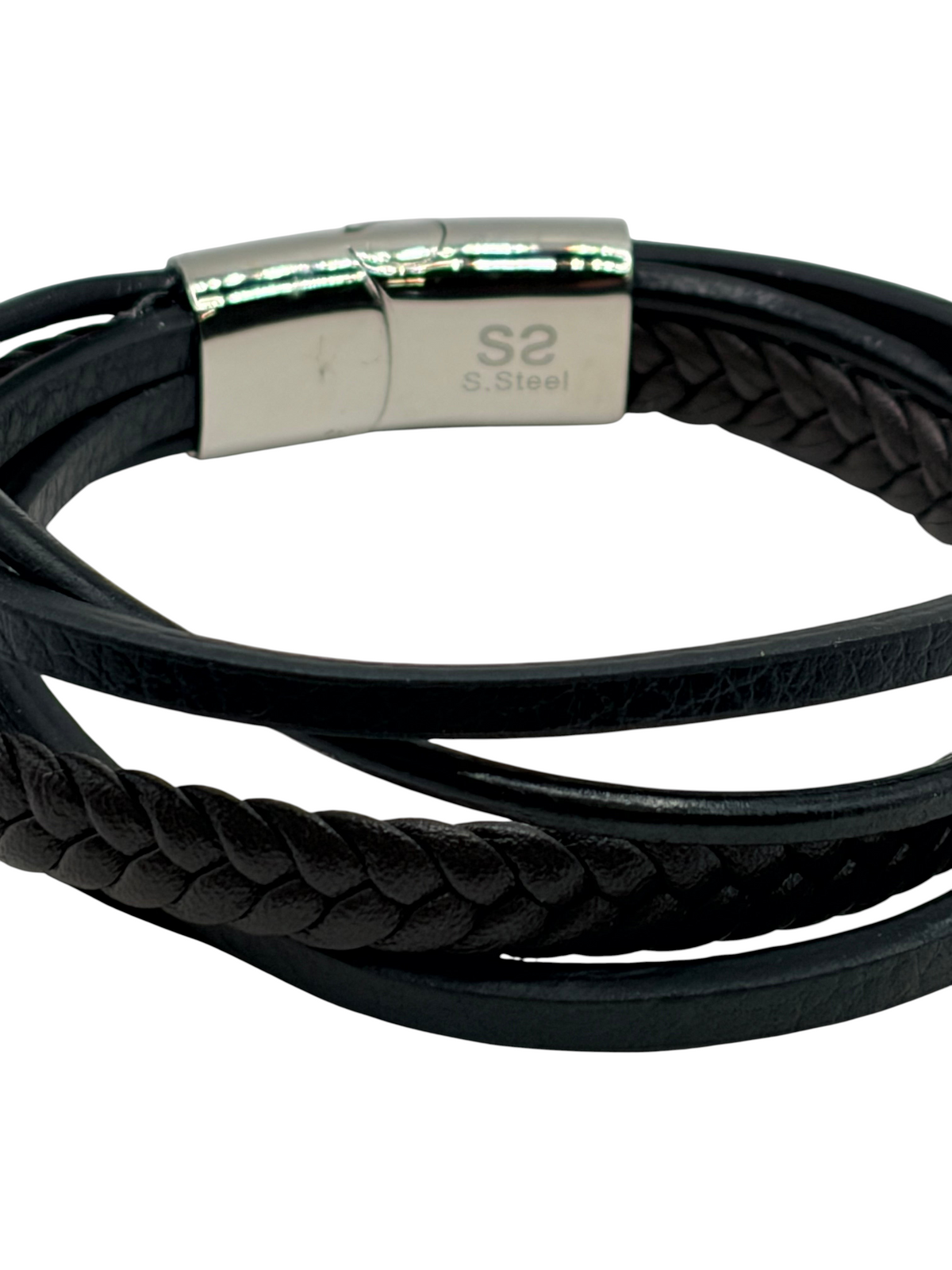 CURATED by Kira black braided leather wrap bracelet with a polished stainless steel magnetic clasp
