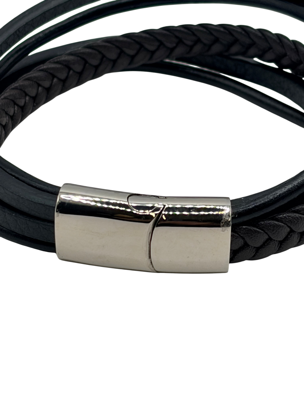 CURATED by Kira black braided leather wrap bracelet with a polished stainless steel magnetic clasp