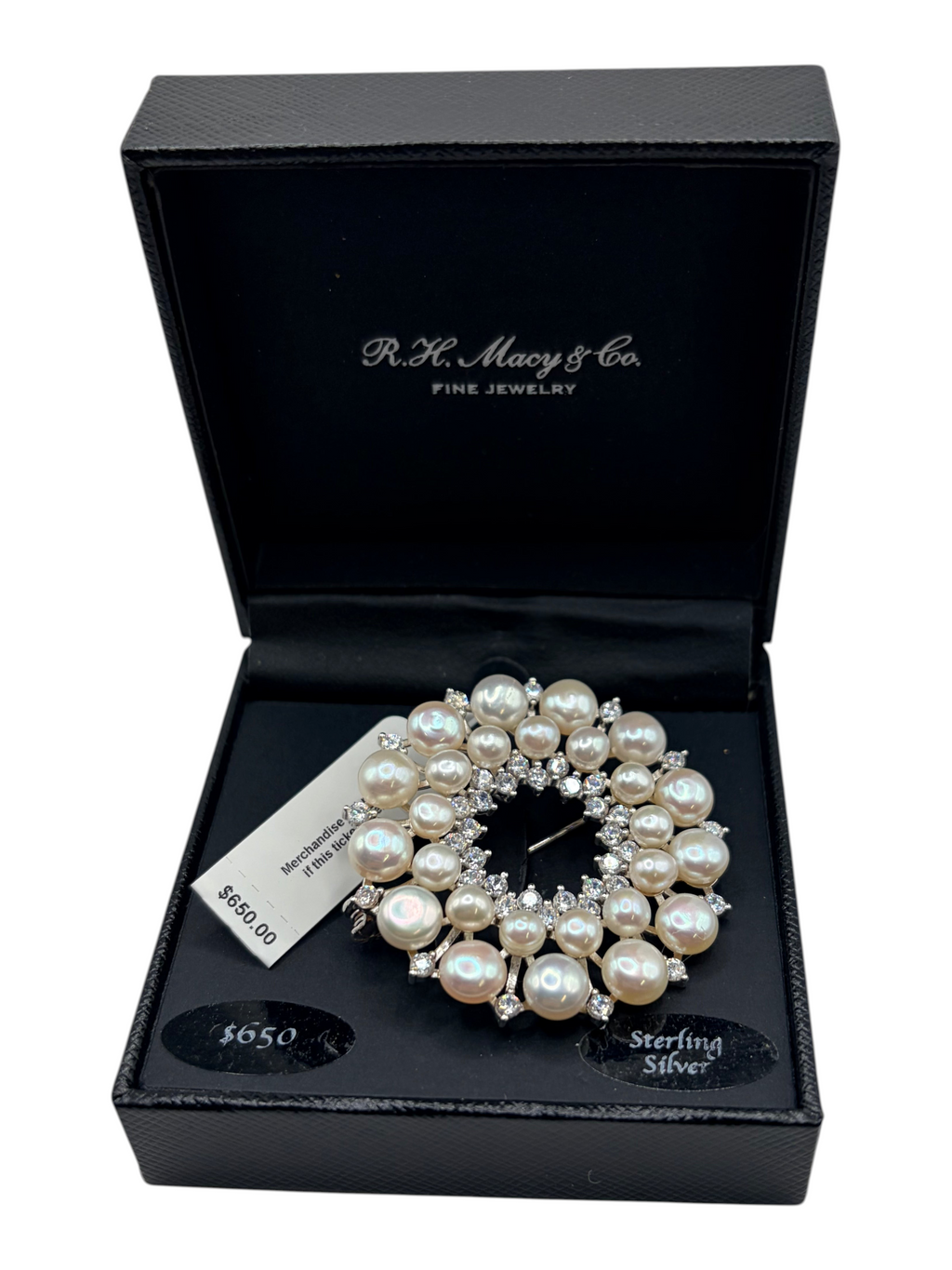 CURATED by Kira R.H. Macy & Co. sterling silver brooch with freshwater pearls and cubic zirconia in a gift box.