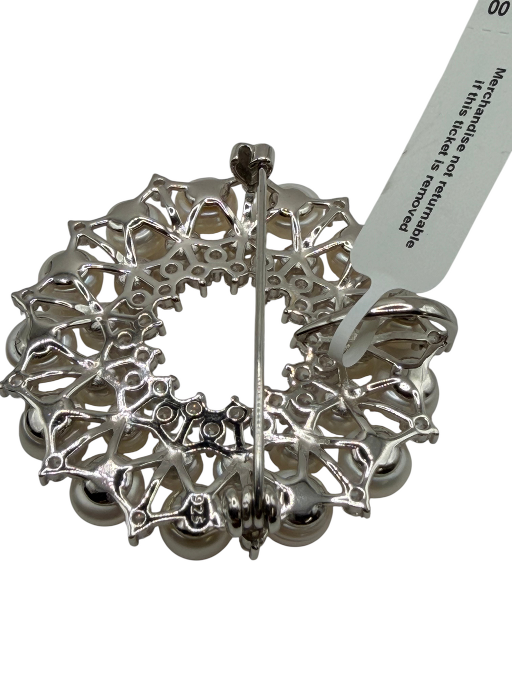 CURATED by Kira sterling silver brooch with freshwater pearls and cubic zirconia, back view showing pin mechanism