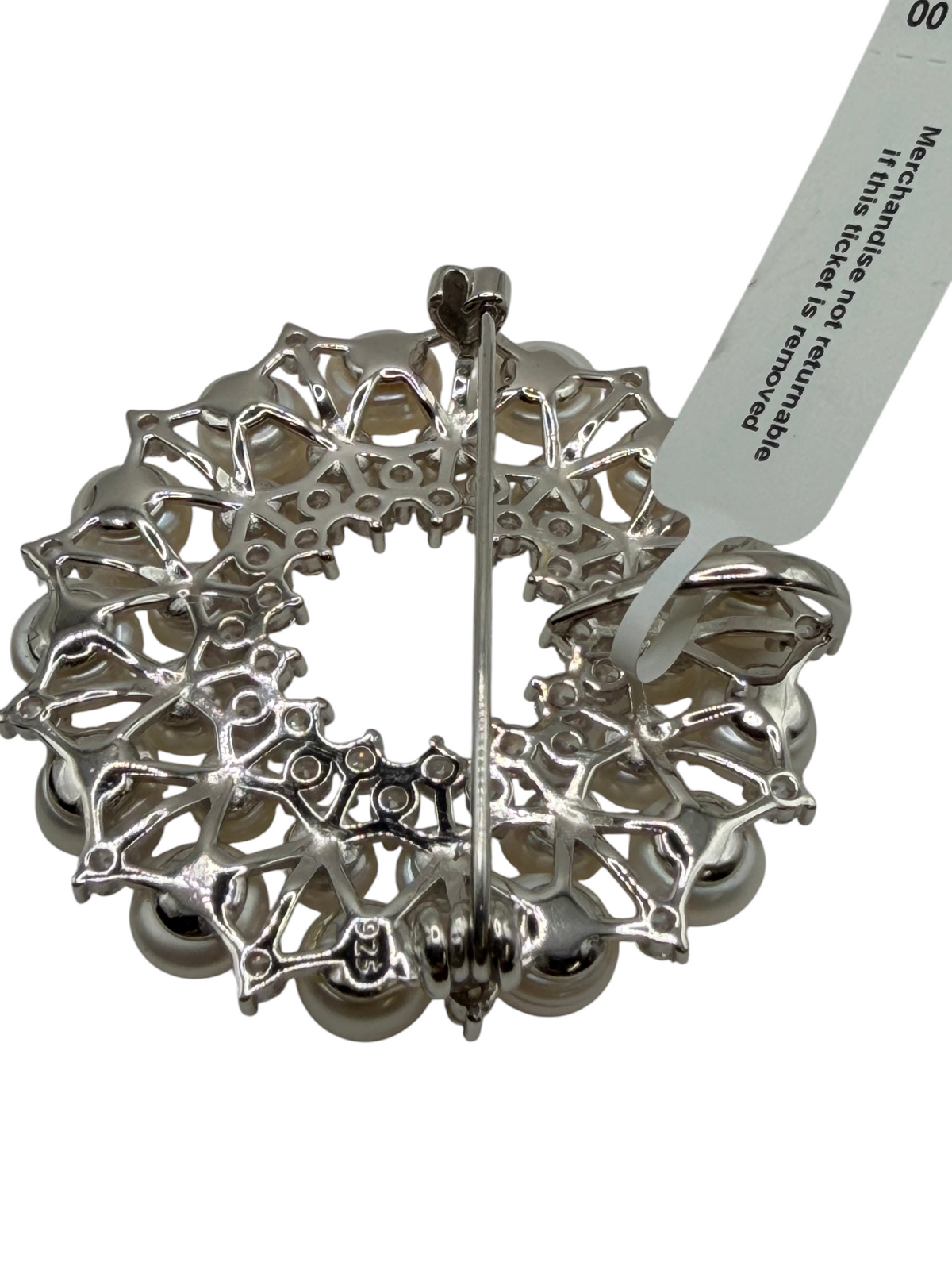 CURATED by Kira sterling silver brooch with freshwater pearls and cubic zirconia, back view showing pin mechanism