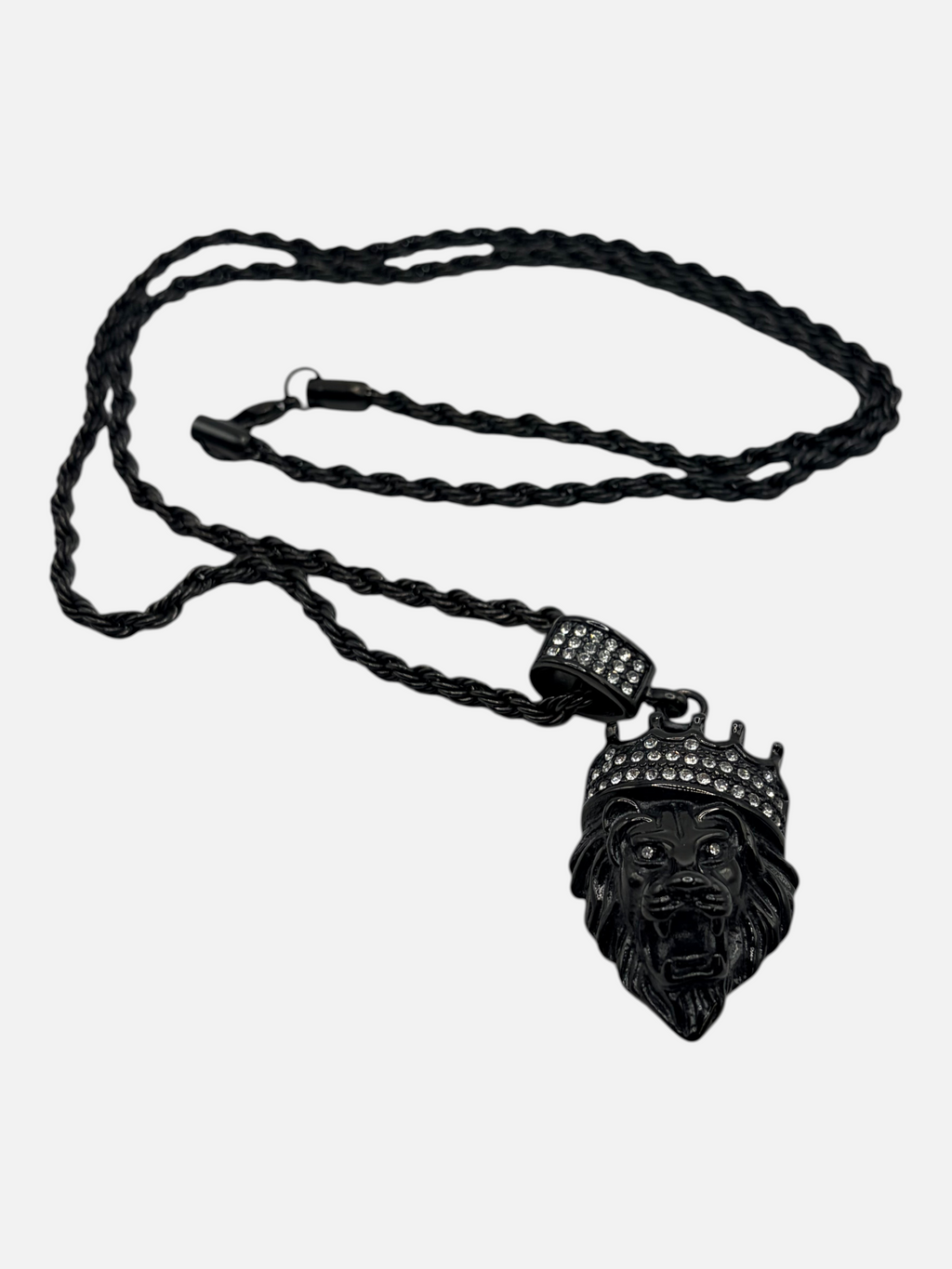 CURATED by Kira black stainless steel lion head pendant necklace with crown and simulated diamonds on a rope chain