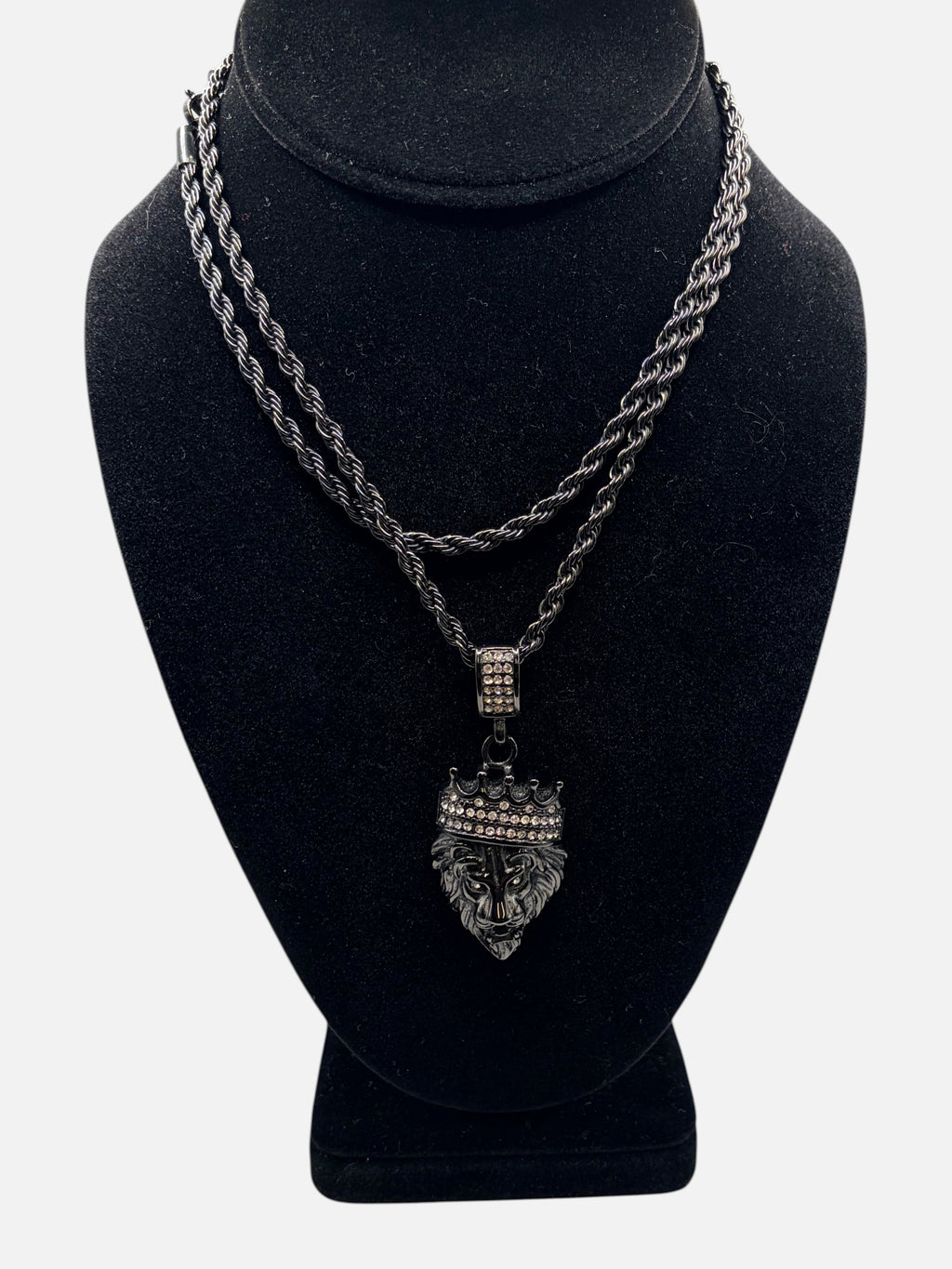 CURATED by Kira black stainless steel rope chain necklace featuring a lion head pendant with a diamond-set crown.