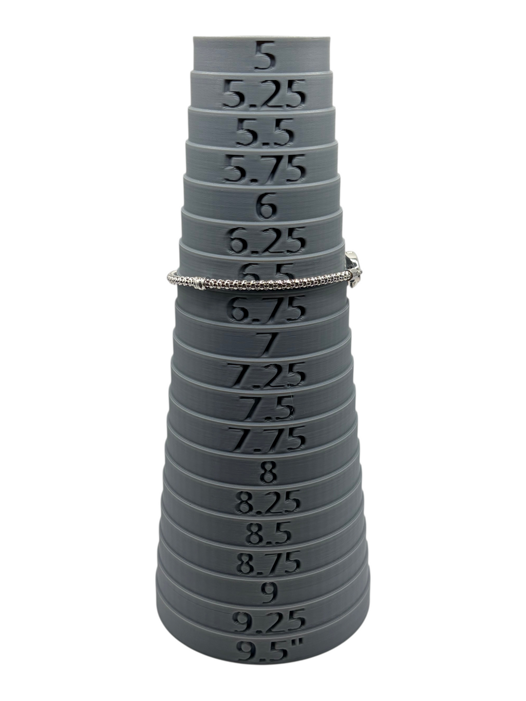 CURATED by Kira Pandora sterling silver beads and pave bracelet on a grey plastic ring sizer showing size 6.5