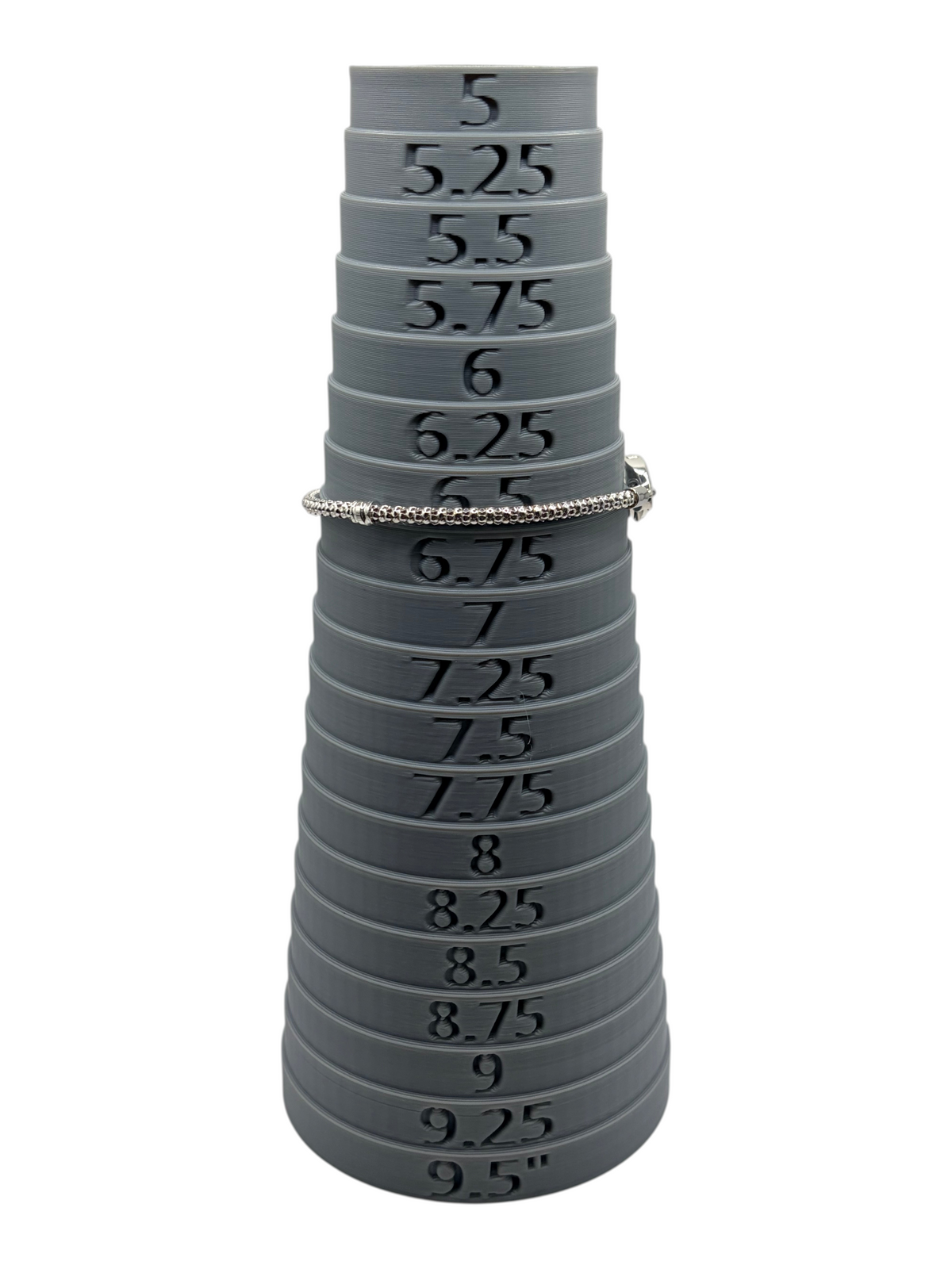 CURATED by Kira Pandora sterling silver beads and pave bracelet on a grey plastic ring sizer showing size 6.5