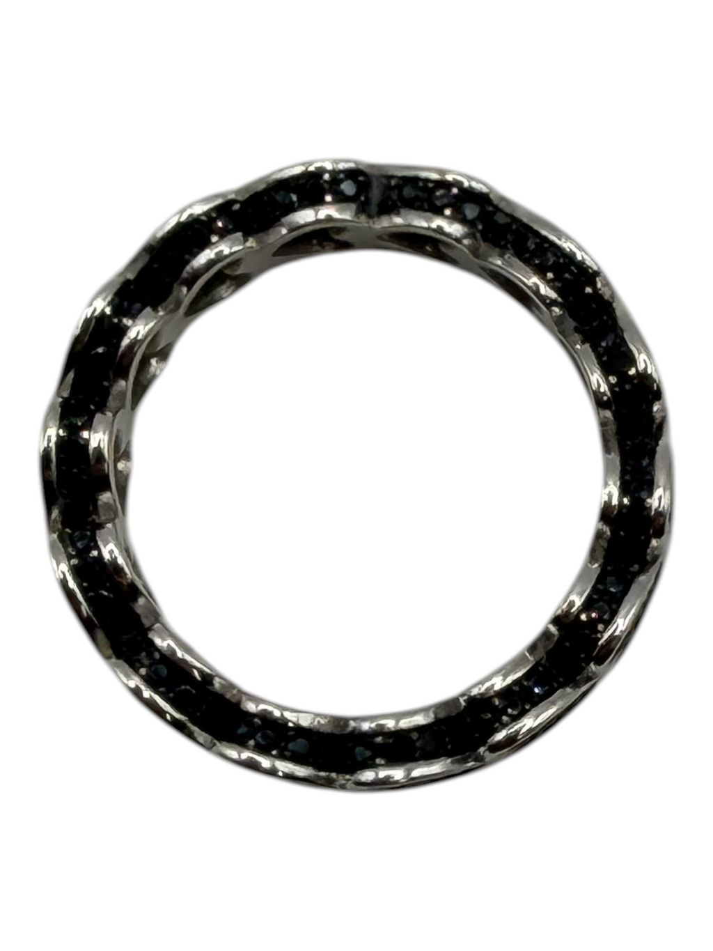 CURATED by Kira black spinel pave eternity ring in rhodium plated sterling silver with heart-shaped design