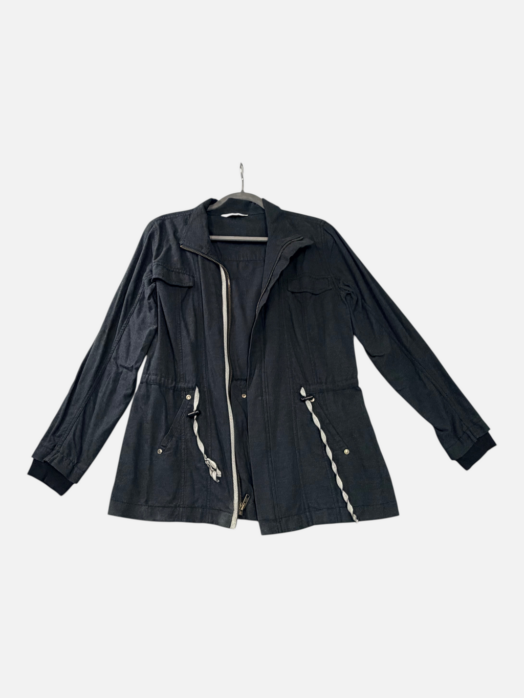 CURATED by Kira Cabi charcoal gray cotton blend utility jacket with zip front, drawstring waist, and ribbed cuffs.