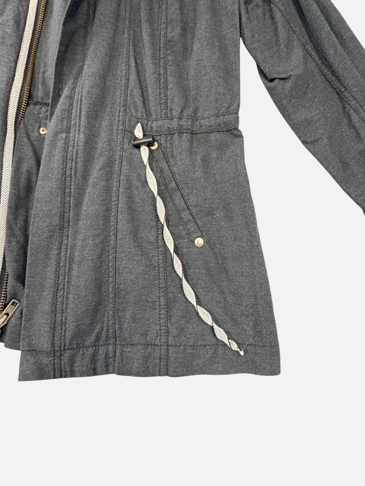 CURATED by Kira cabi charcoal gray cotton blend utility jacket with drawstring waist and zip front detail