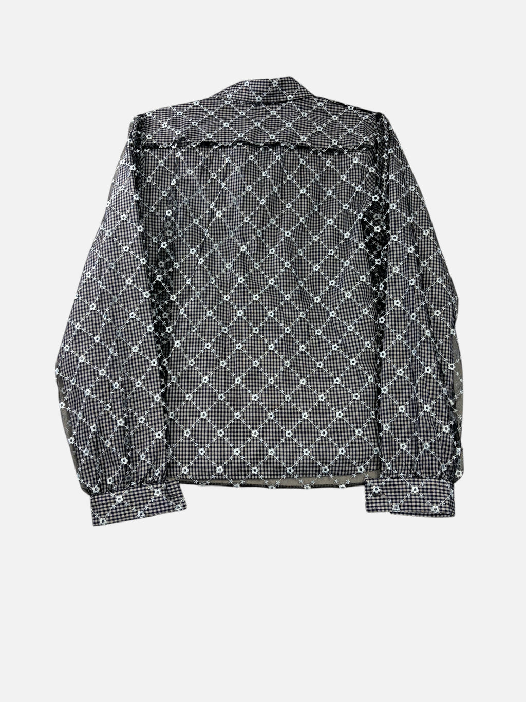 CURATED by Kira Sandy Liang Toney navy gingham long sleeve top with sheer floral lattice embroidered mesh overlay