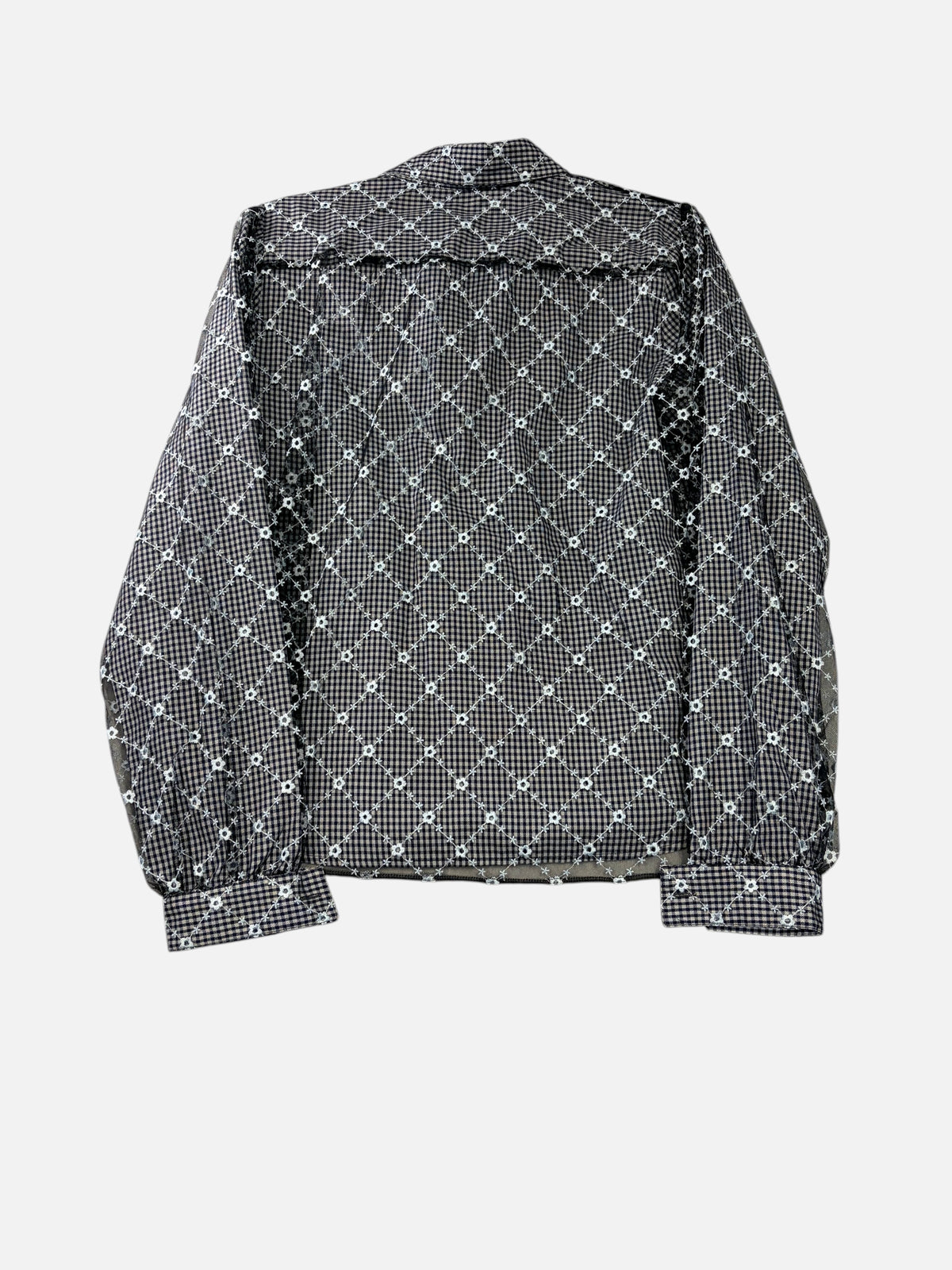CURATED by Kira Sandy Liang Toney navy gingham long sleeve top with sheer floral lattice embroidered mesh overlay