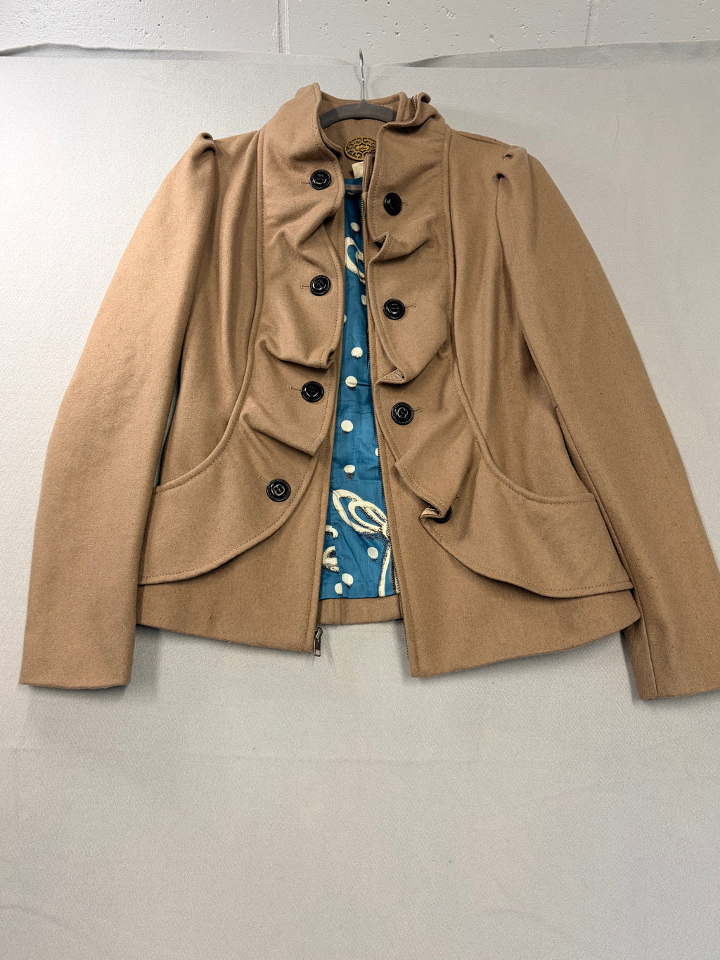 Idra Camel Wool Ruffle Front Military Jacket - Size 6