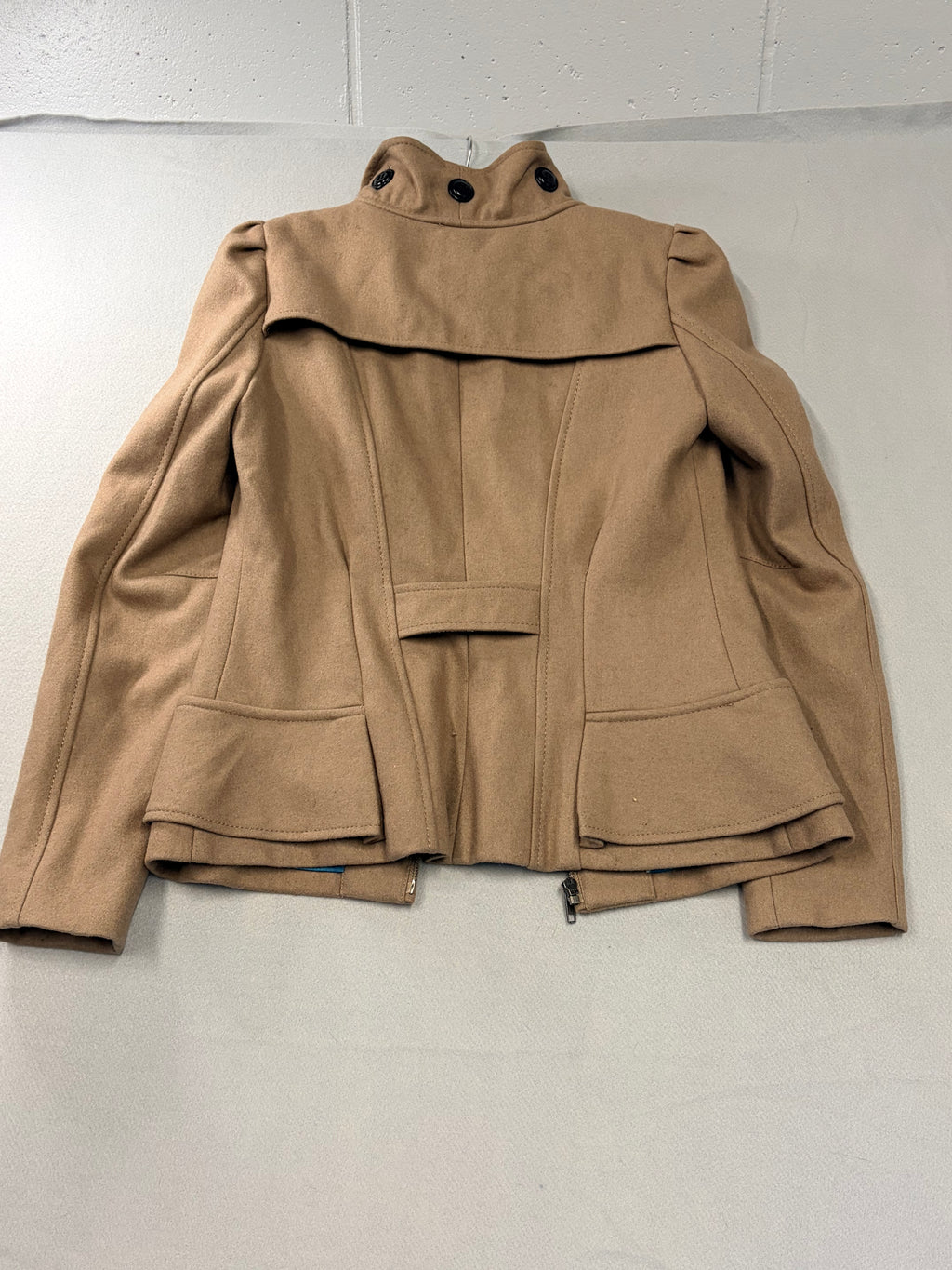 Idra Camel Wool Ruffle Front Military Jacket - Size 6