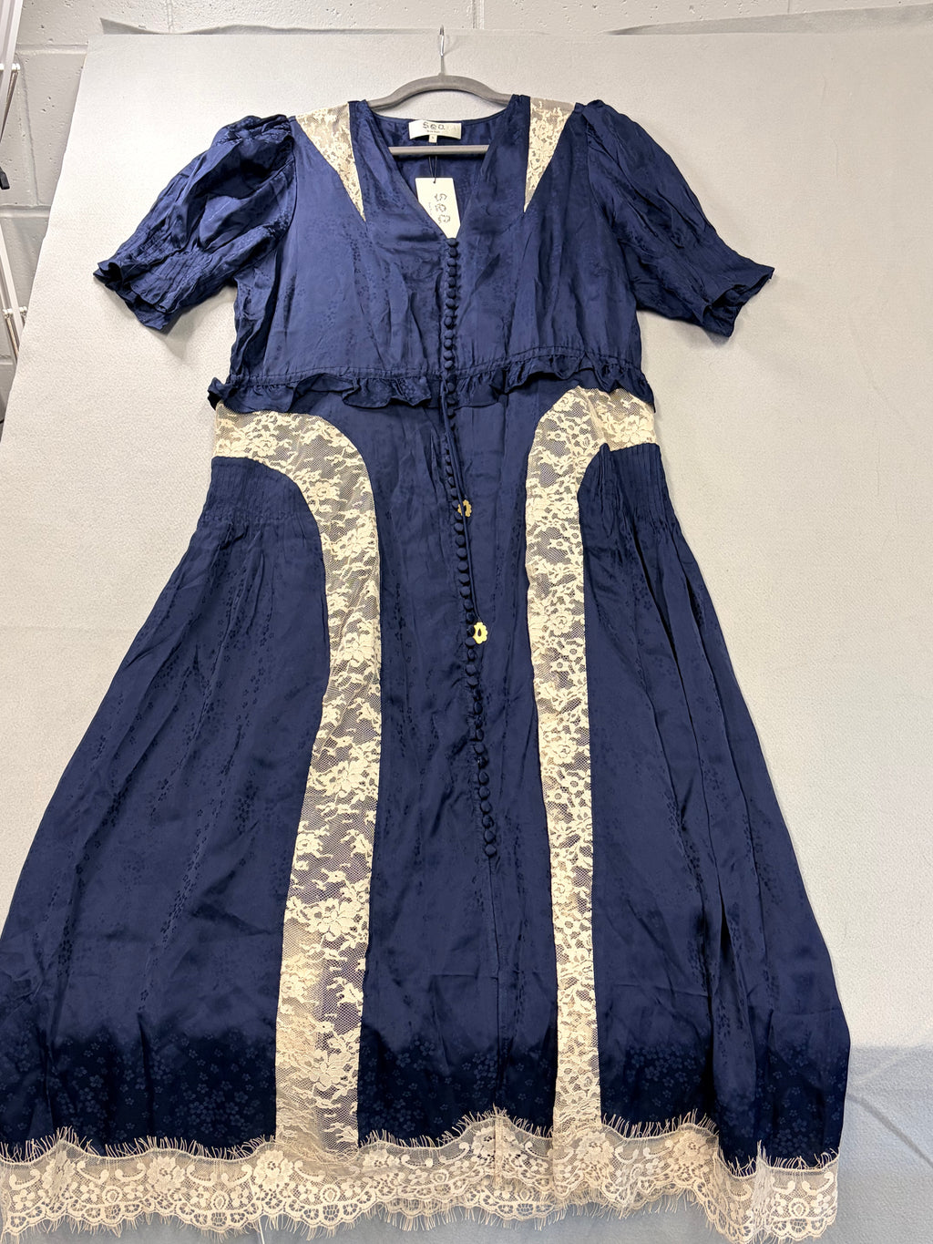 Sea NY Ethel Midi Dress Navy Silk Lace Panel Puff Sleeve - NWT