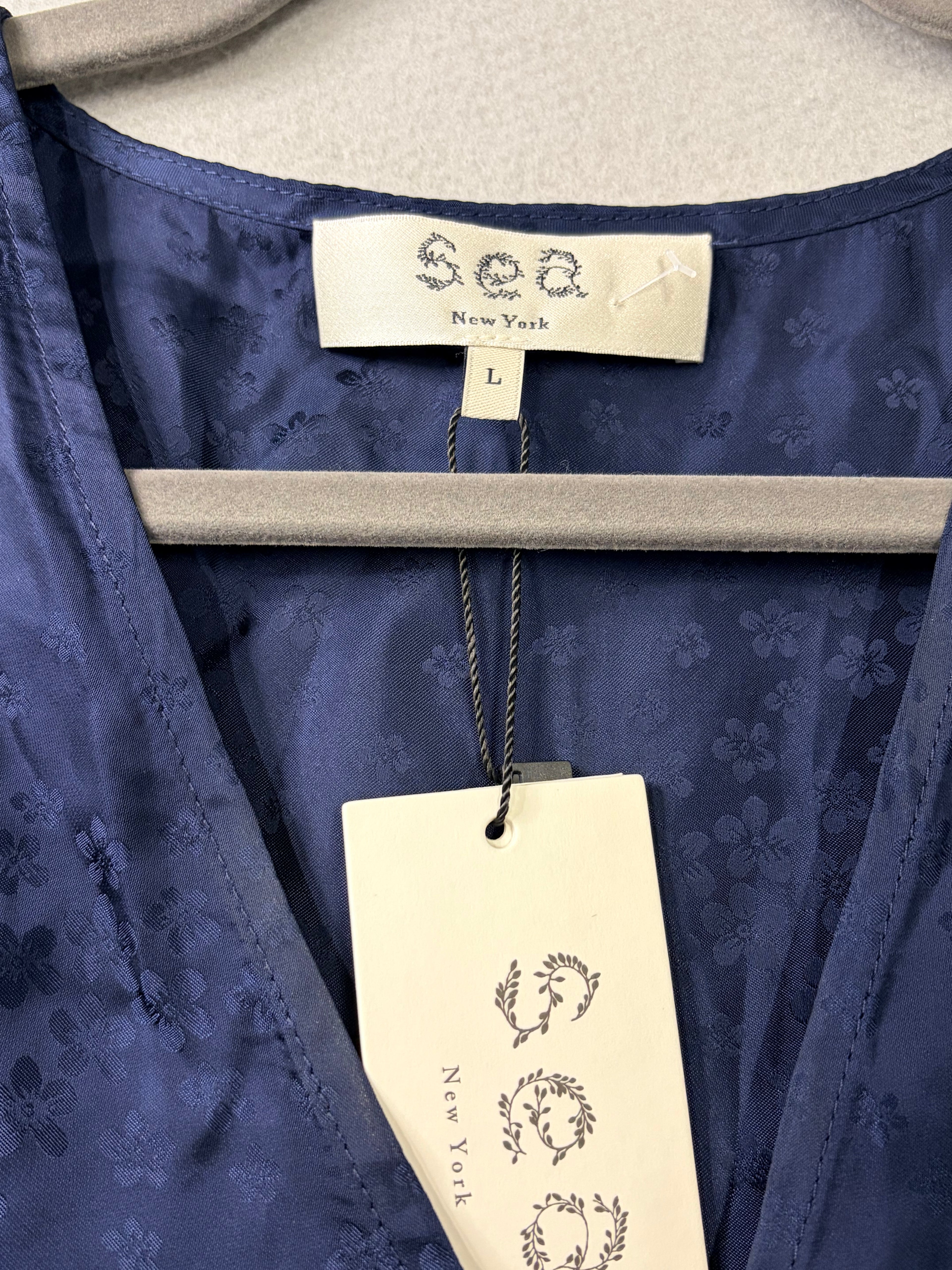 Sea NY Ethel Midi Dress Navy Silk Lace Panel Puff Sleeve - NWT