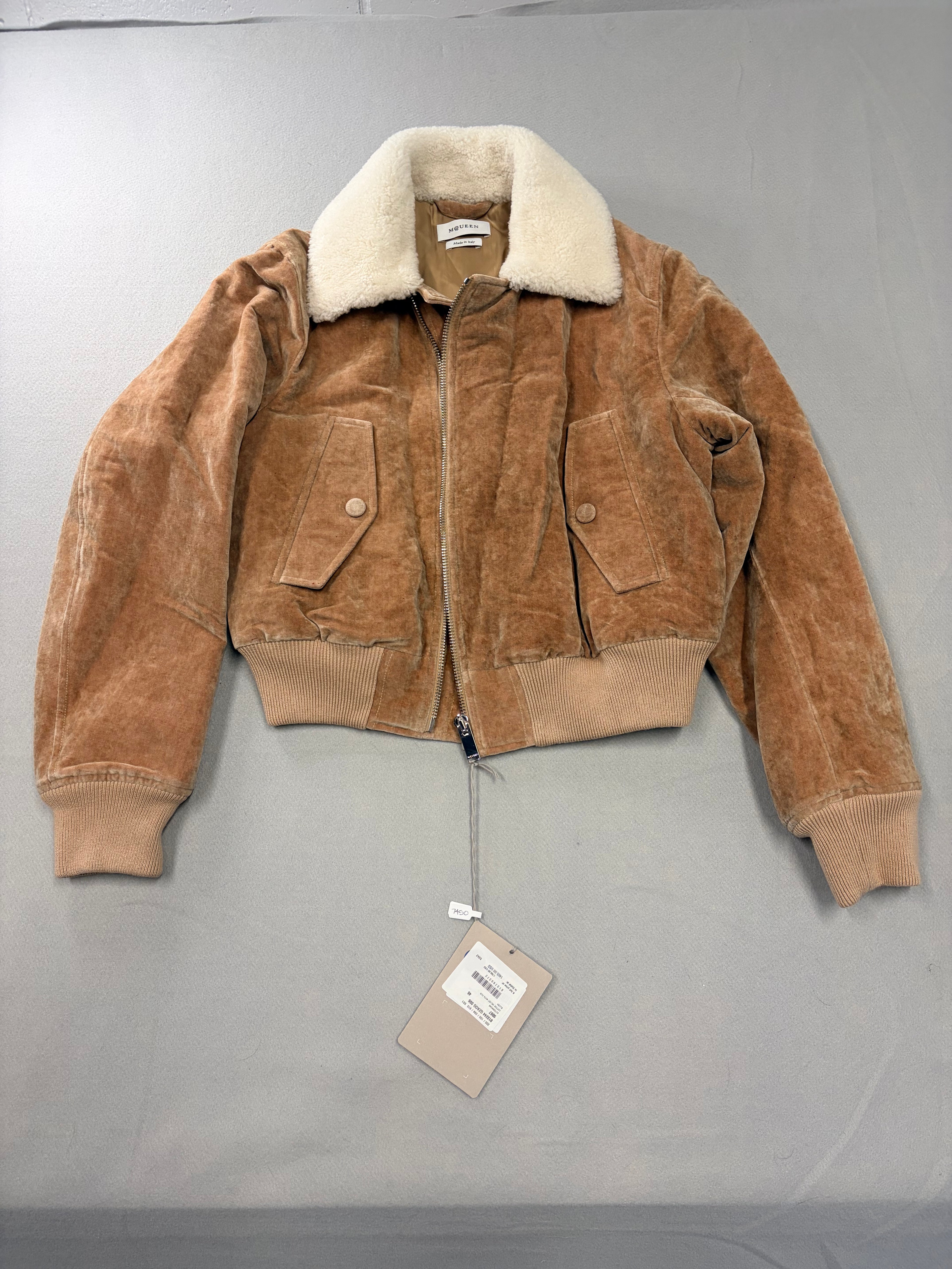 7045 - Alexander McQueen Velvet Shearling Collar Bomber Jacket Size 46 - NWT